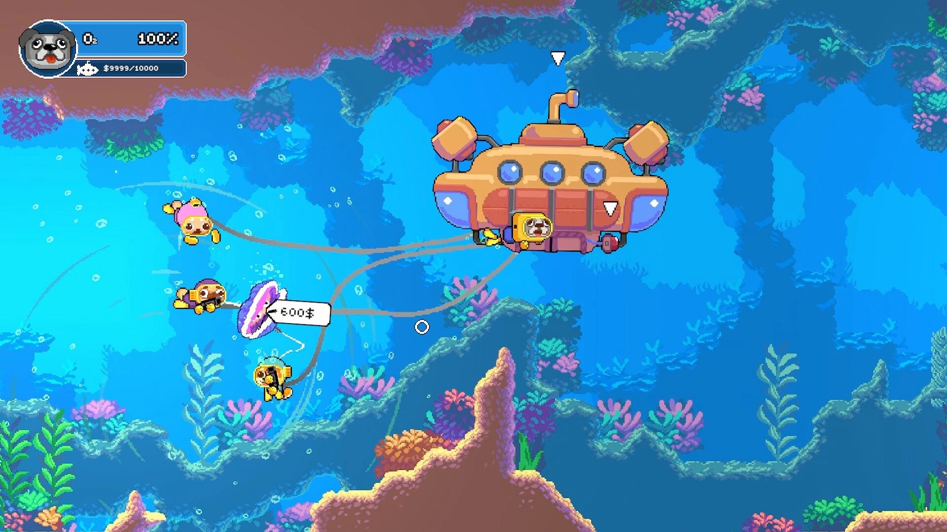 Salty Dogs: Divers tow a 600$ ring loot to a submarine in a bright coral reef with HUD stats.