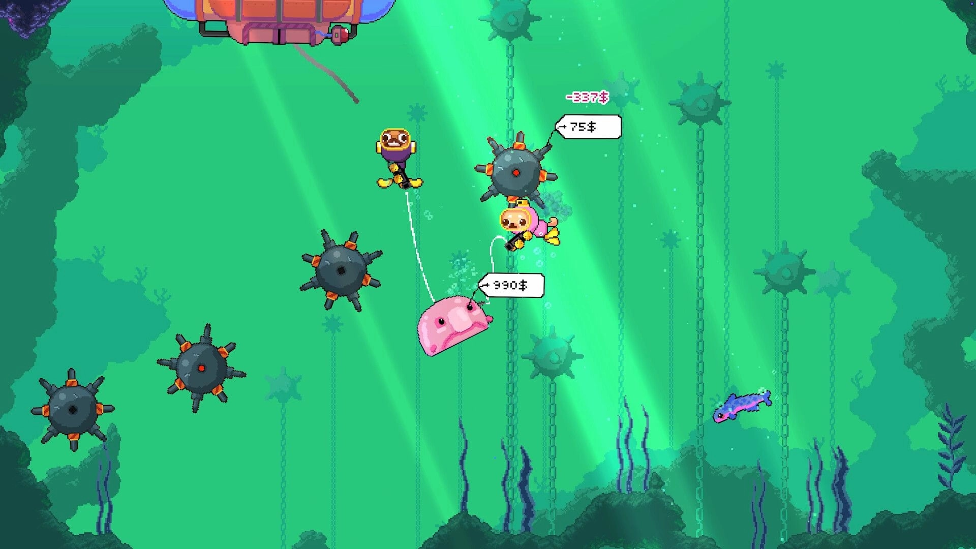 Salty Dogs: Two divers tether loot while dodging spiked mines in a green underwater trench.