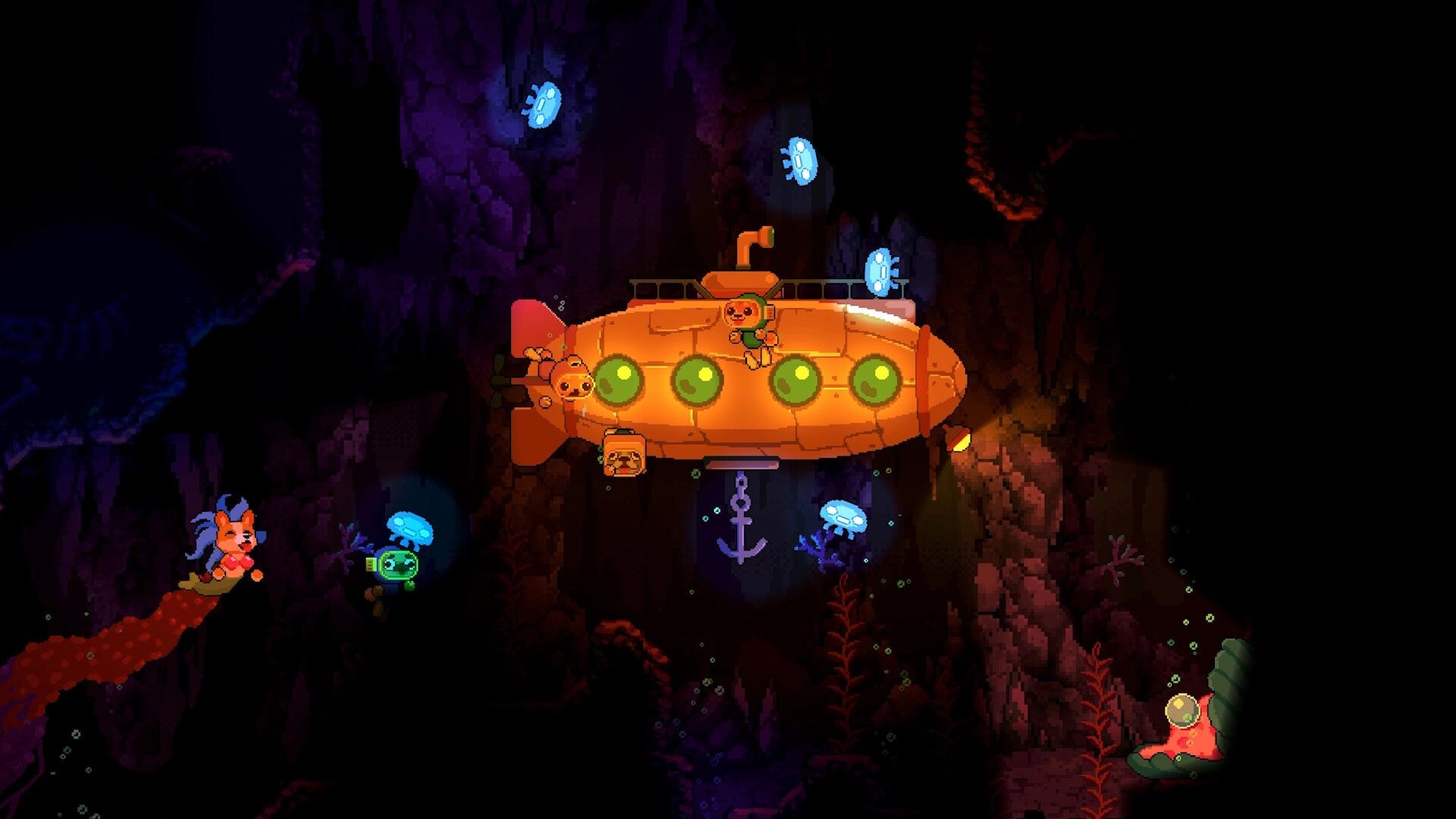 Salty Dogs: Orange submarine with dog divers and glowing jellyfish in a dark underwater cave trench.