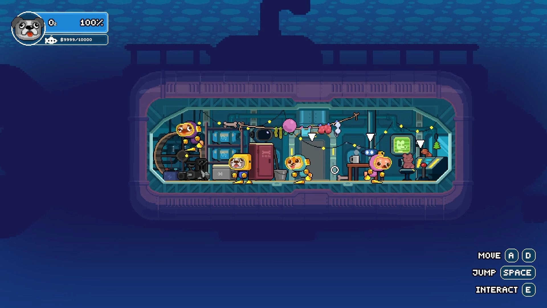 Salty Dogs: Four helmeted dogs inside a lit submarine cabin with gear, balloons, and control panel UI.