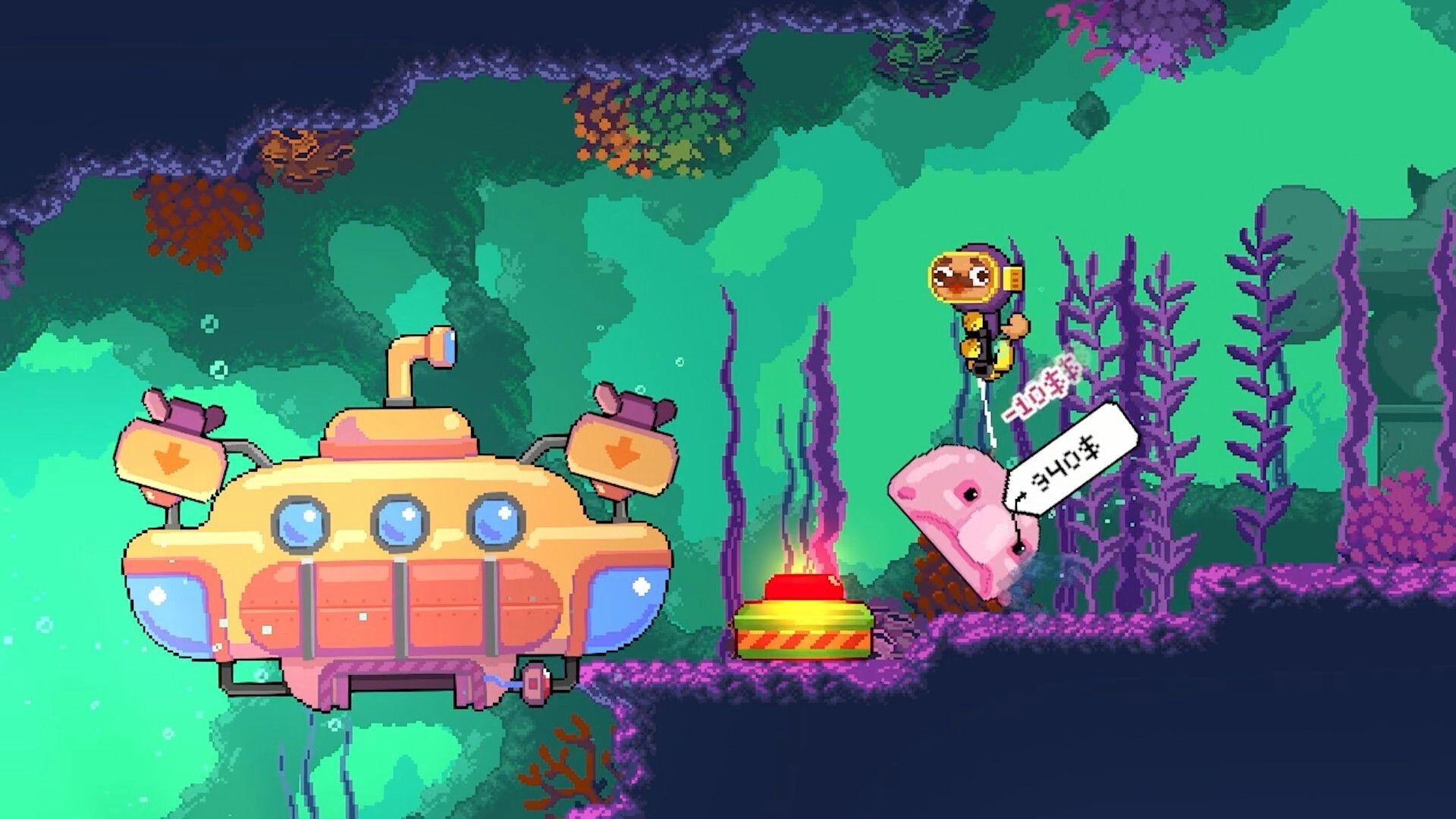 Salty Dogs: Diver dog grabs a pink loot bag beside a sub in a kelp-filled underwater cave zone.