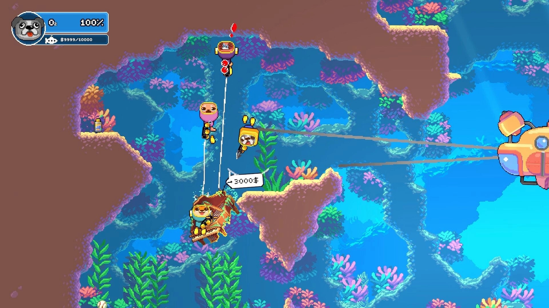 Salty Dogs: Divers tethered to a sub drag a treasure chest through bright coral caverns with HUD.