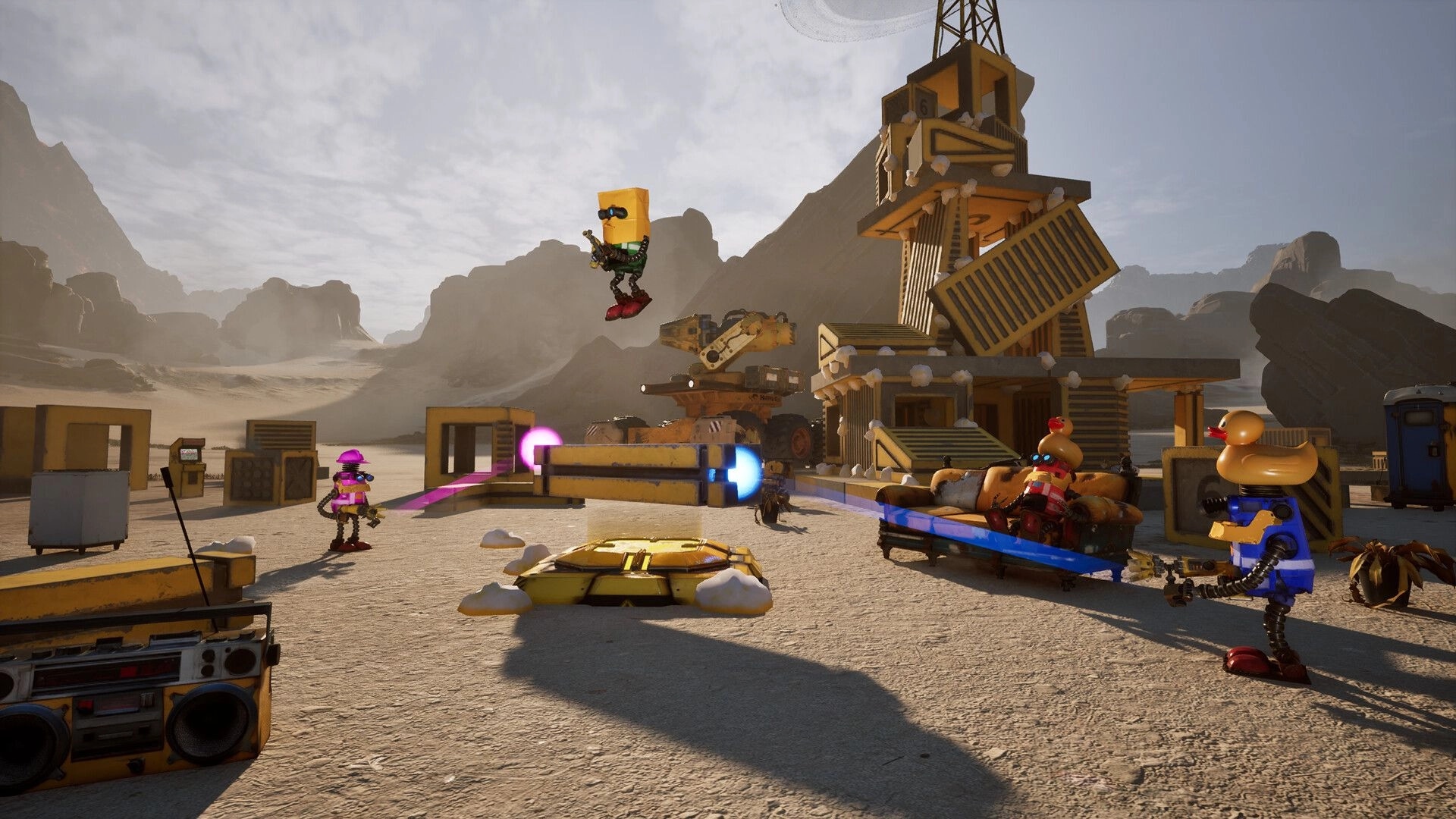 Salvation Denied: Robots use beam tools as one jumps by a wobbly tower in a desert worksite.