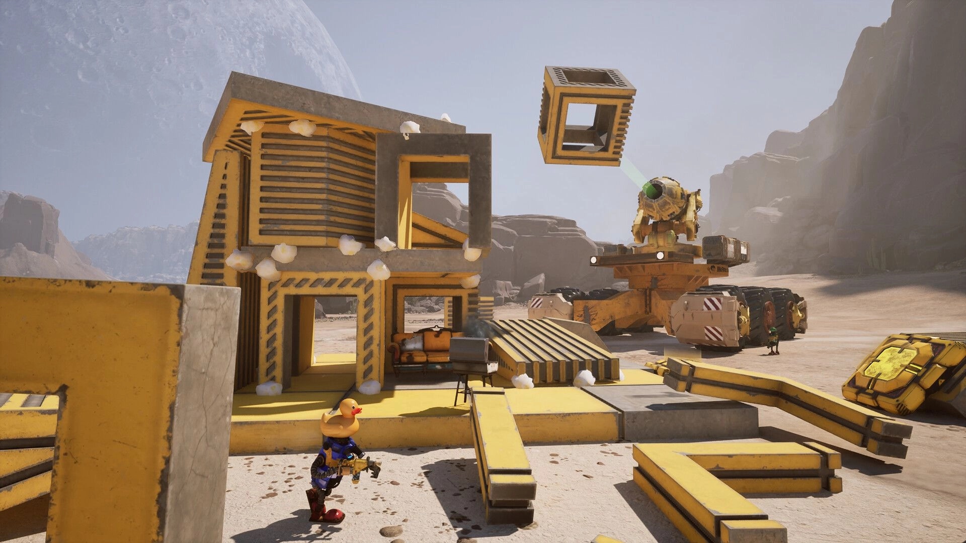 Salvation Denied: Player with duck hat holds tool by block structure in desert with crane lifting cube.