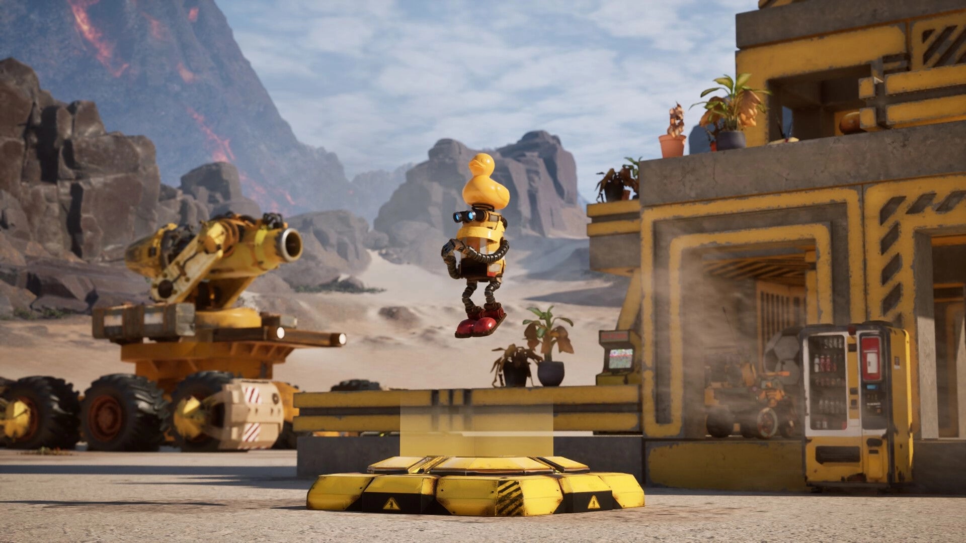 Salvation Denied: Worker with rubber duck helmet hovers above a pad in desert base yard by crane.