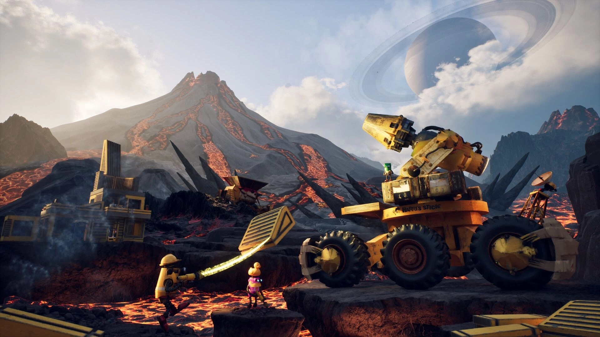 Salvation Denied: Players hose lava near a giant rover on a volcanic plain under a ringed planet.
