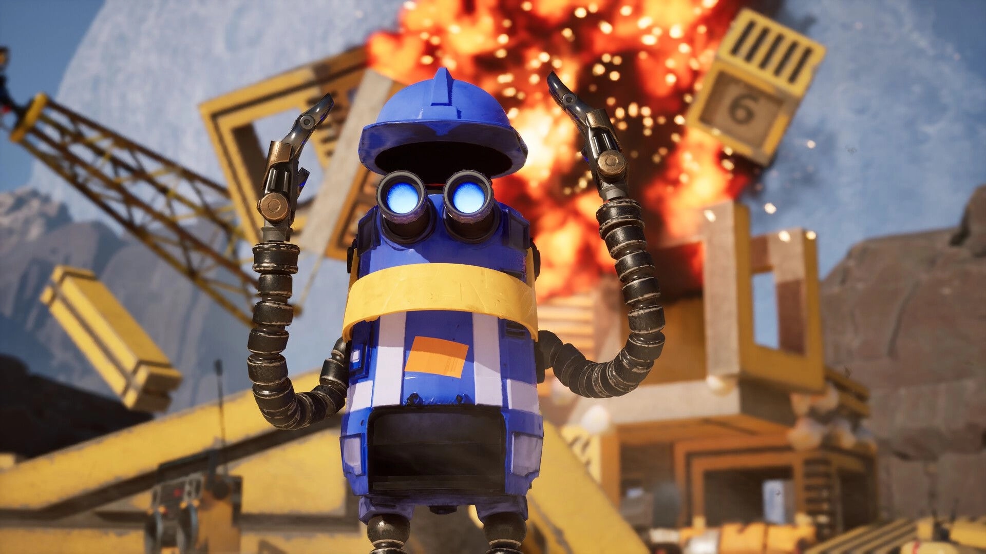 Salvation Denied: Blue robot worker raises arms as blocks explode at a construction site with crane.