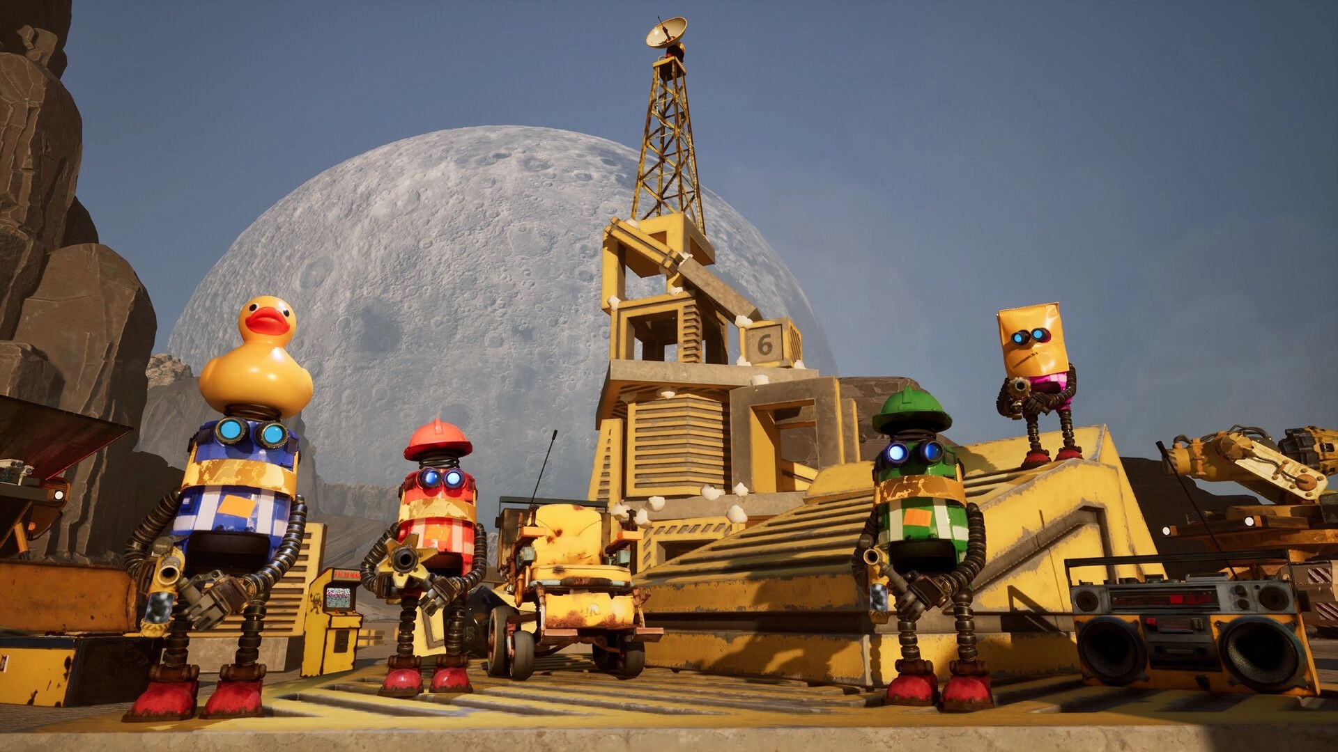 Salvation Denied: Four quirky robot workers pose by a yellow crane base under a huge moon backdrop.