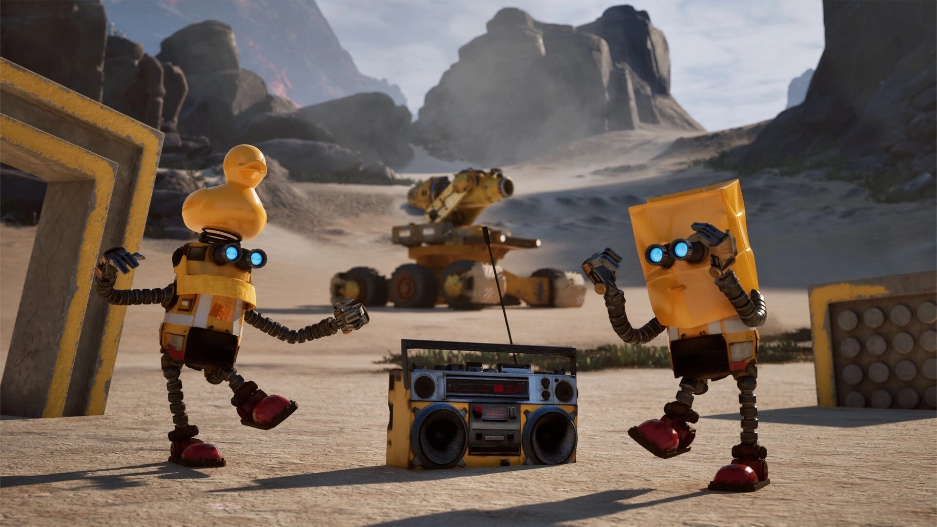 Salvation Denied: Two quirky robots dance by a boombox in a rocky desert with a rover behind.