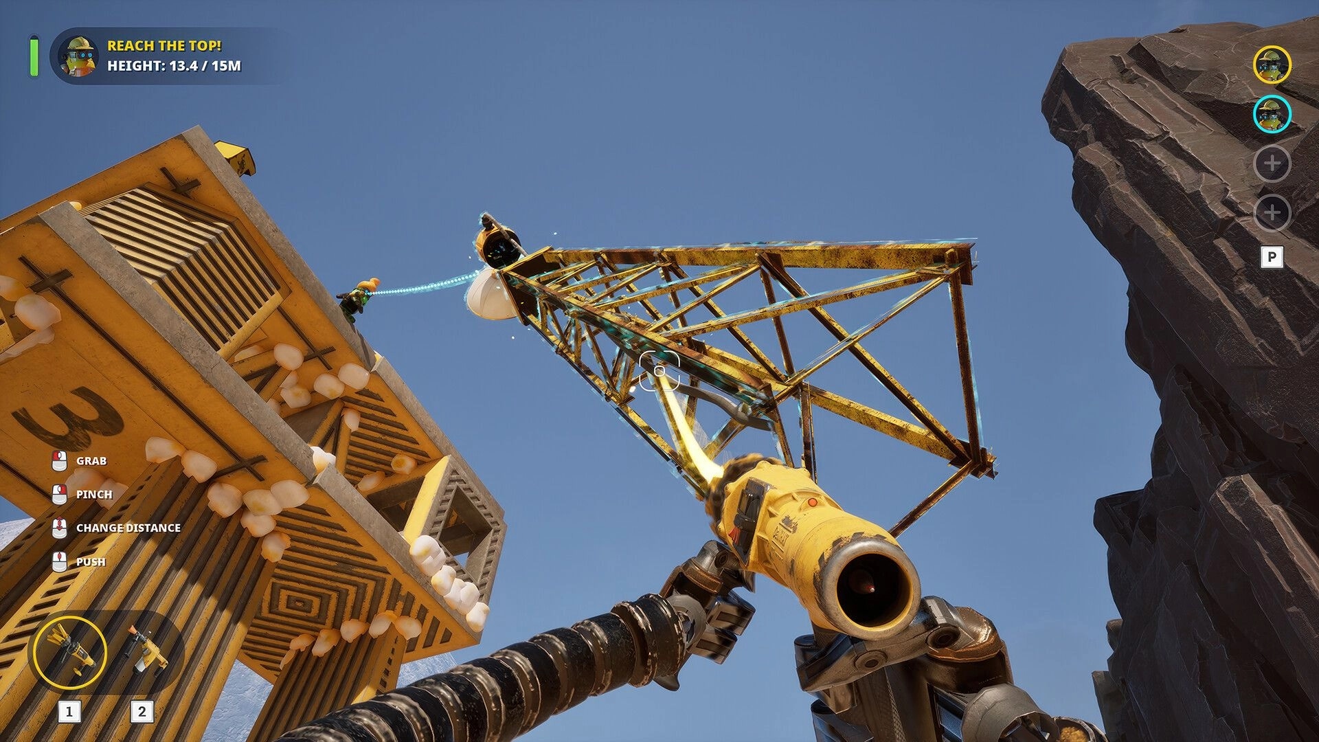 Salvation Denied: Player uses grappling tool on crane truss beside tall tower, Reach the Top UI visible.