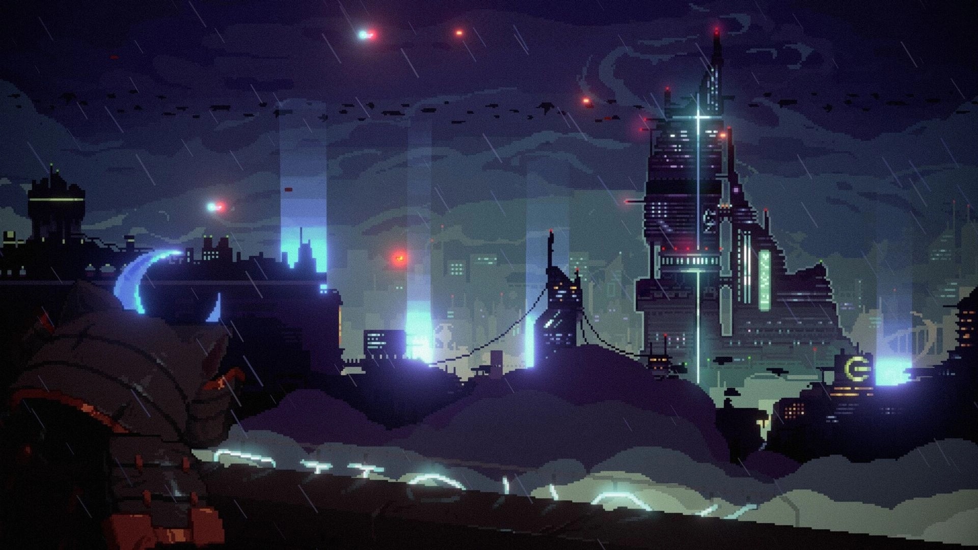 Sa[meow]rai: Rainy pixel-art cyberpunk skyline with neon towers, drones, and storm clouds overhead.