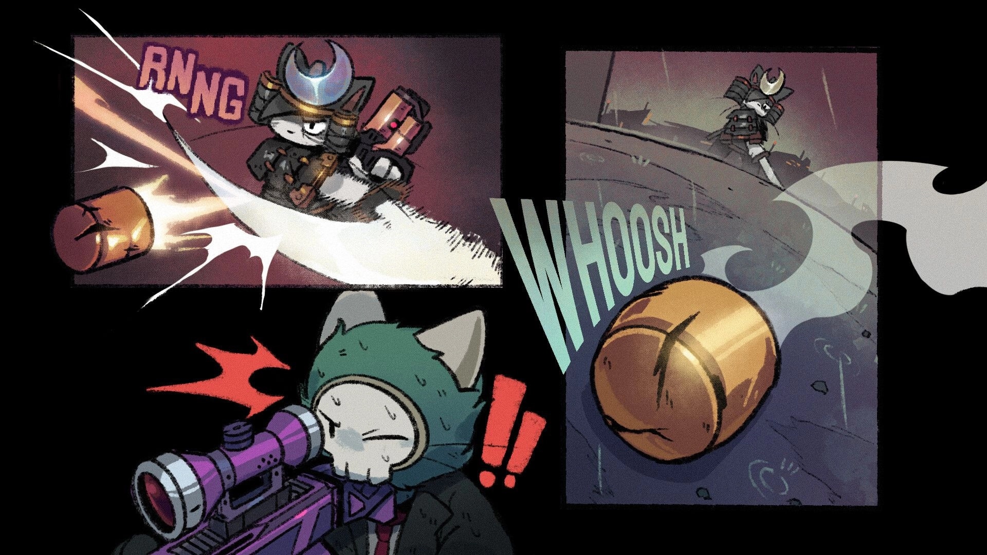 Sa[meow]rai: Comic cutscene of samurai cat firing, bullet whooshing past sniper cat in rain.