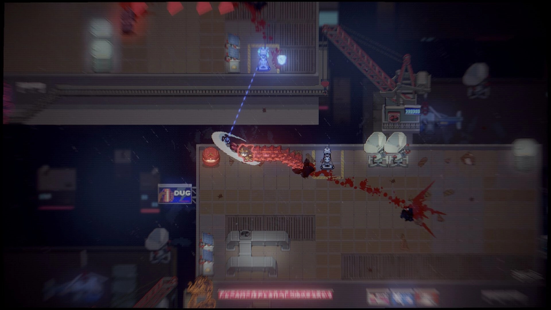 Sa[meow]rai: Katana slash kills an enemy, blood trail across a rainy rooftop with drones and crates.