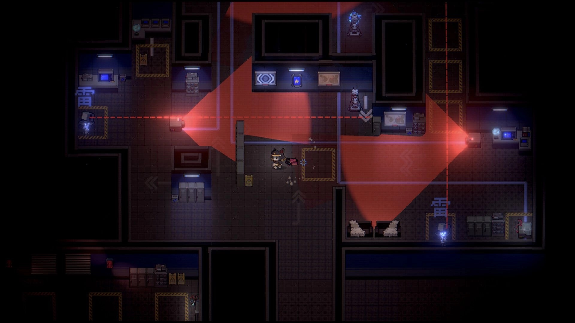 Sa[meow]rai: Stealthy cat samurai sneaks past laser spotlights in a top-down security facility corridor.