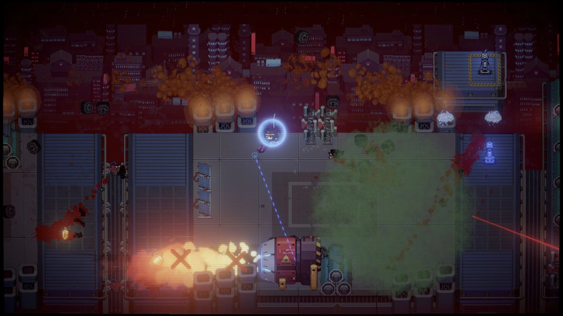Sa[meow]rai: Shielded player aims blue tether on rooftop arena with turrets, blood, and gas cloud.