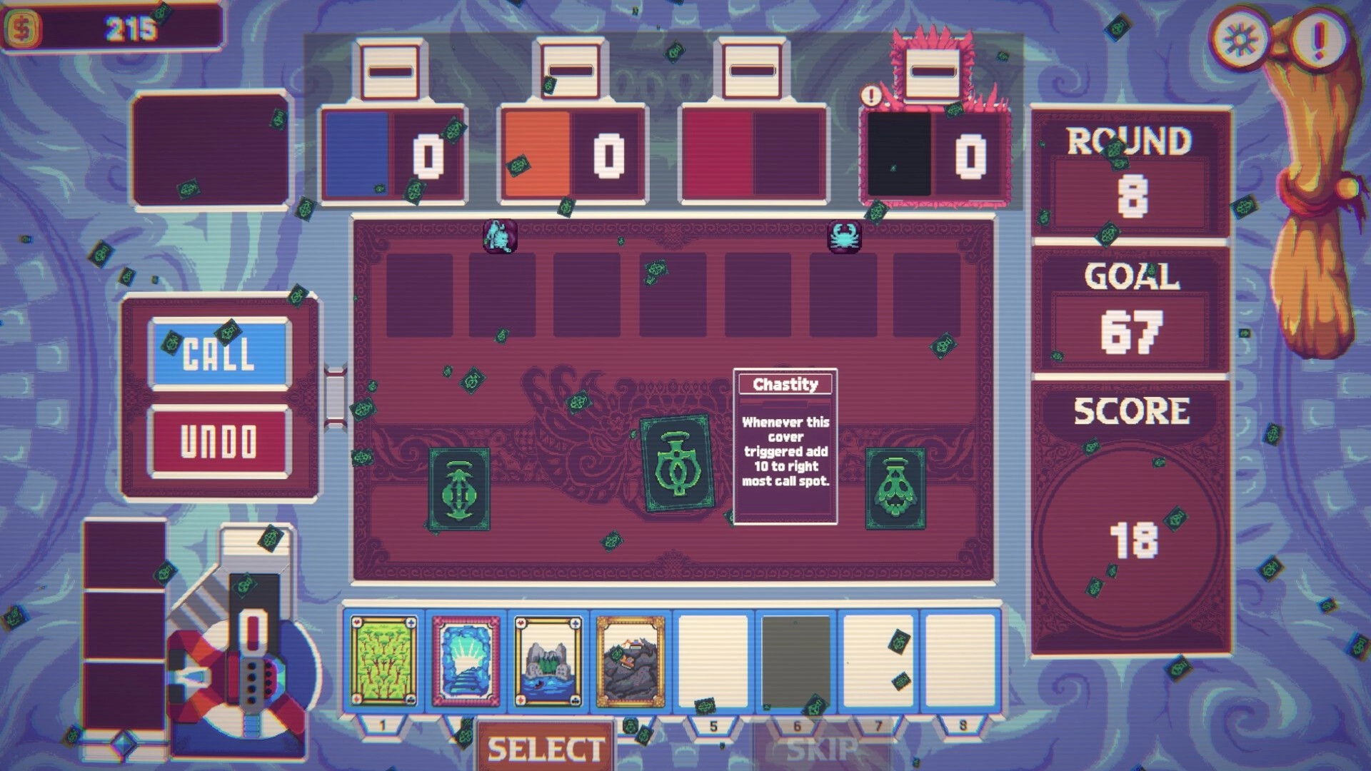 Samota: Card selection with Chastity cover tooltip and CALL/UNDO buttons in Round 8 board UI.