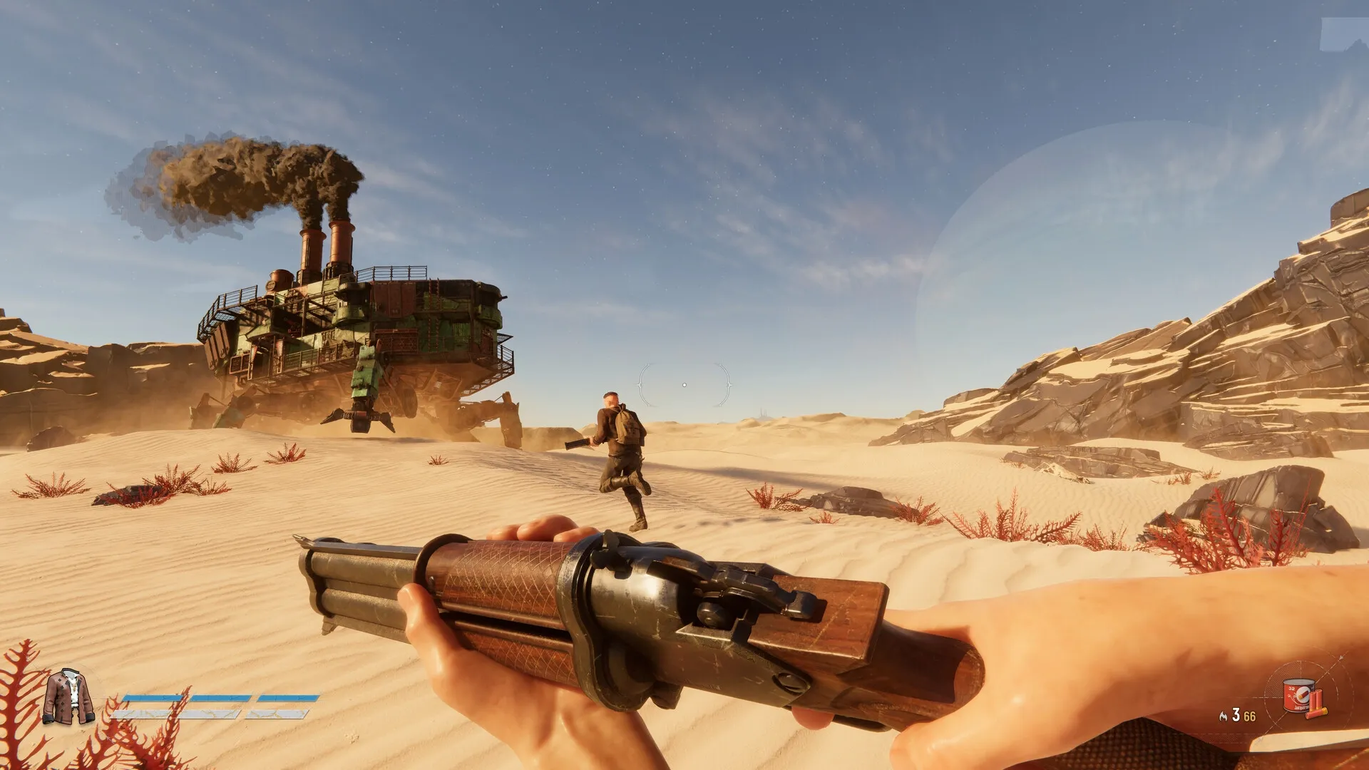 Sand: First-person view aiming at a character running towards a large Trampler in a desert landscape.