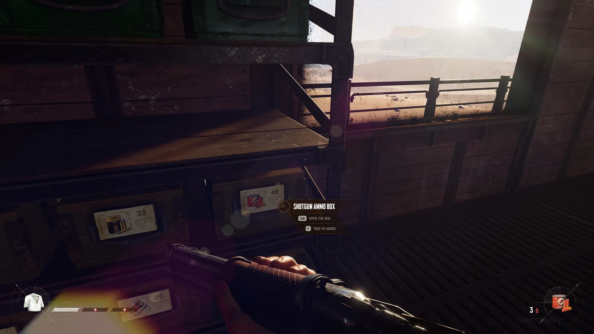 Sand: Player holding shotgun near ammo box inside wooden shelter with sunlit desert landscape visible