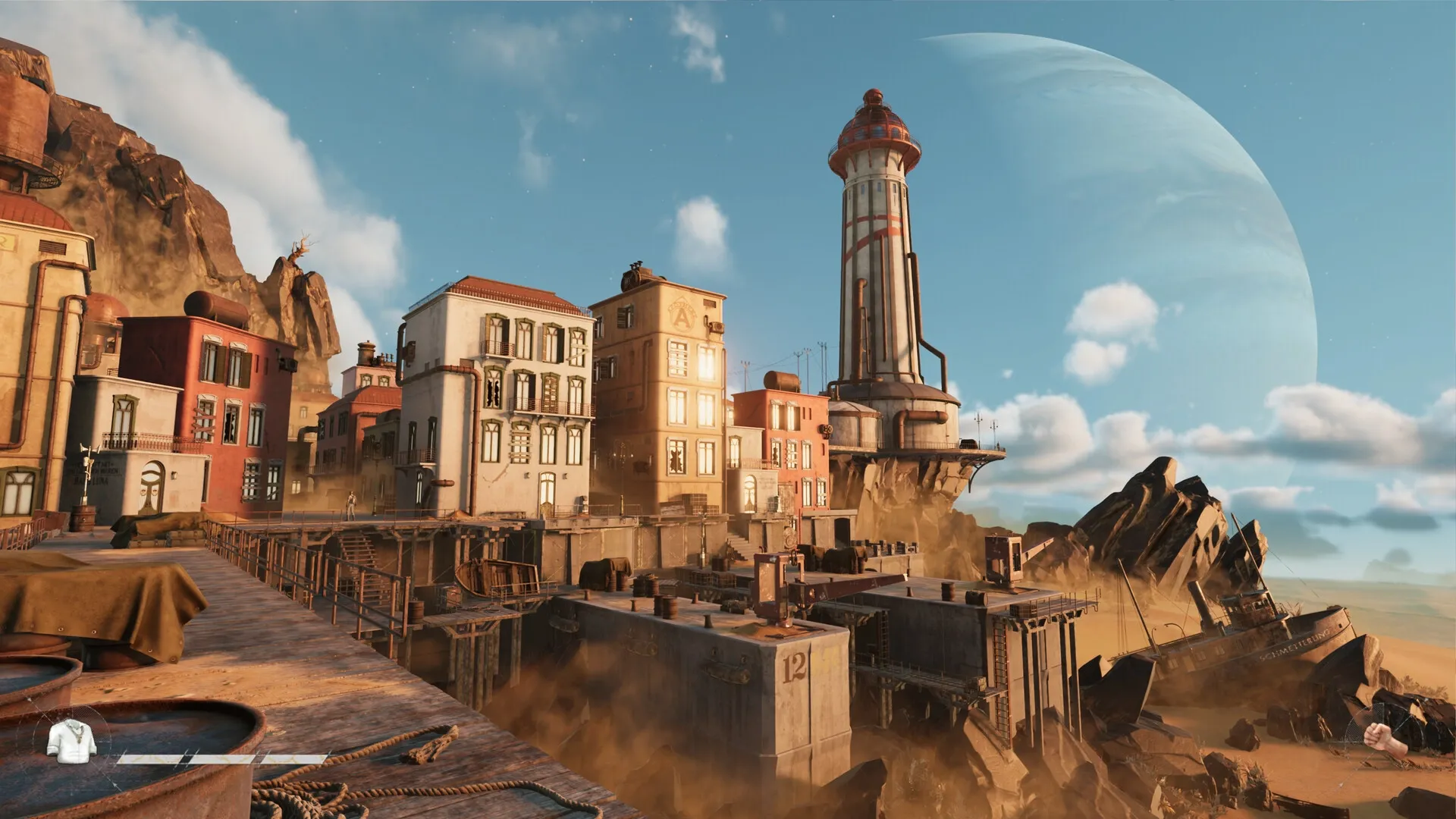 Sand: Desert town with buildings and lighthouse, rocky terrain and a distant planet in the background.