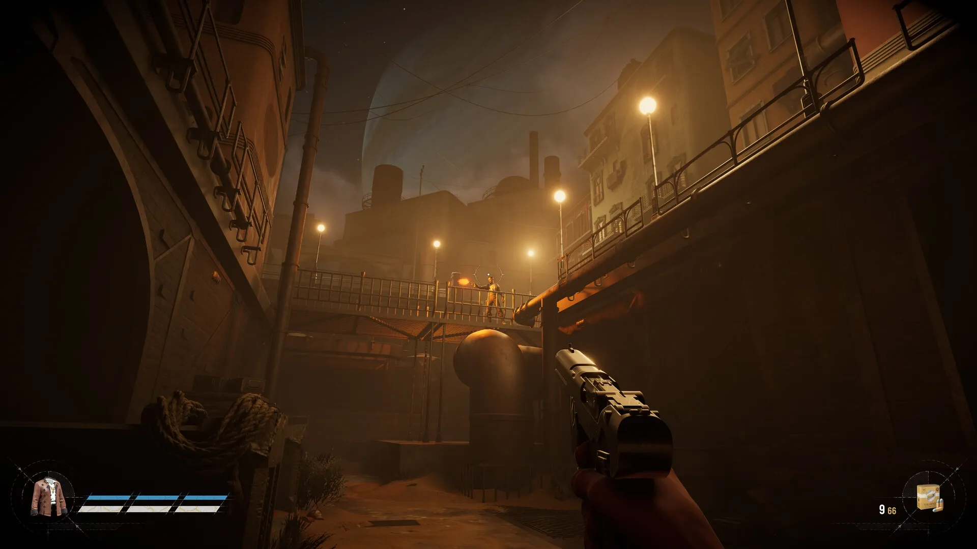 Sand: Player aims pistol in dimly lit industrial area with character on walkway above. UI shows health.