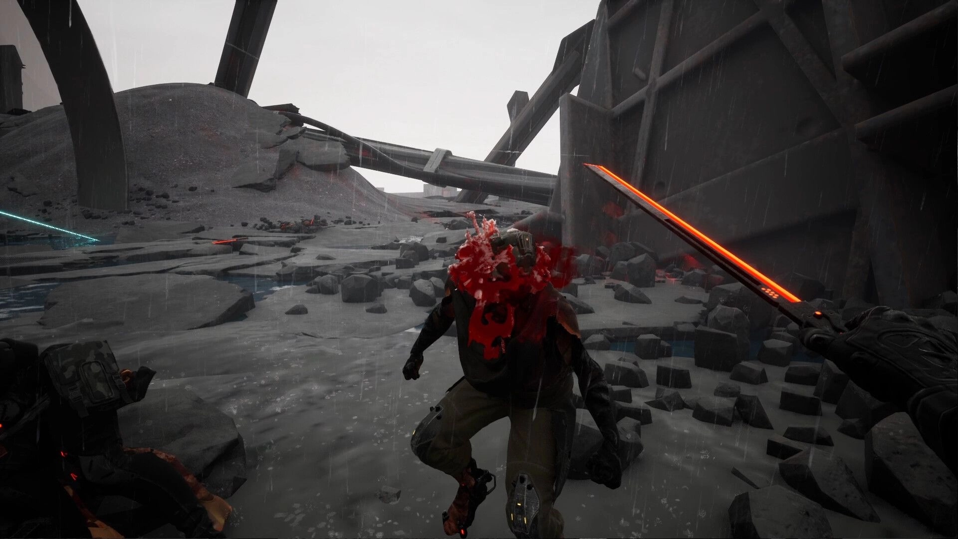 Sand Eaters: First-person sword strike on armored enemy in rainy ruins with collapsed metal beams.