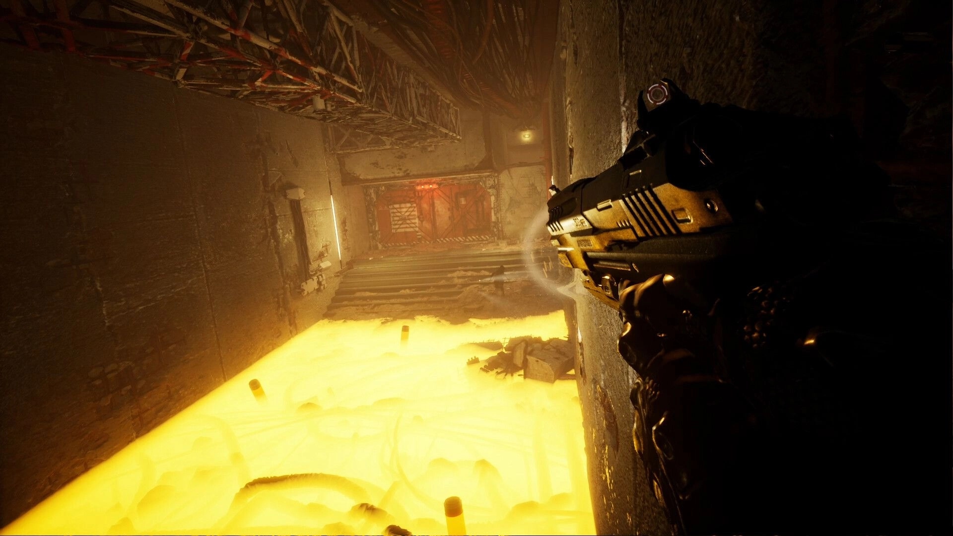 Sand Eaters: First-person rifle aimed over glowing sand toward a sealed door in a dim tunnel corridor.