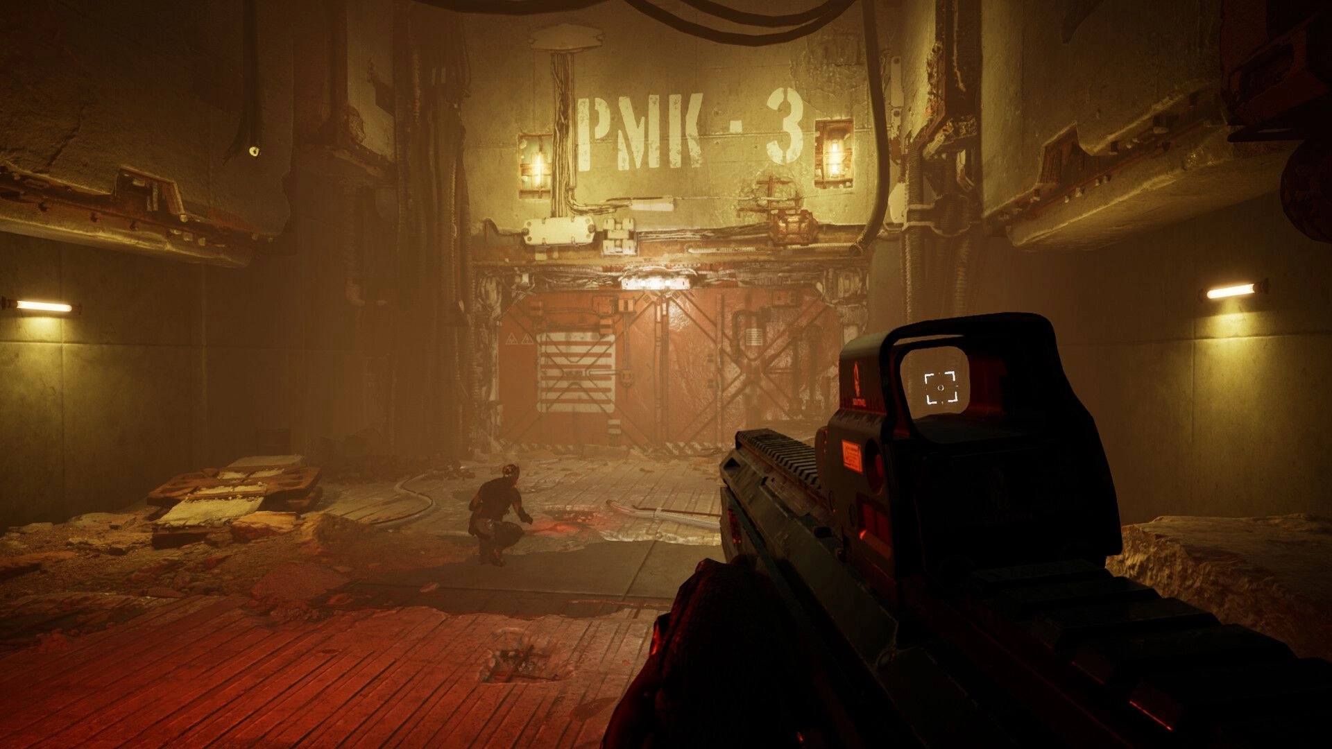 Sand Eaters: First-person rifle aimed at a crouched ally near a PMK-3 blast door in corridor.