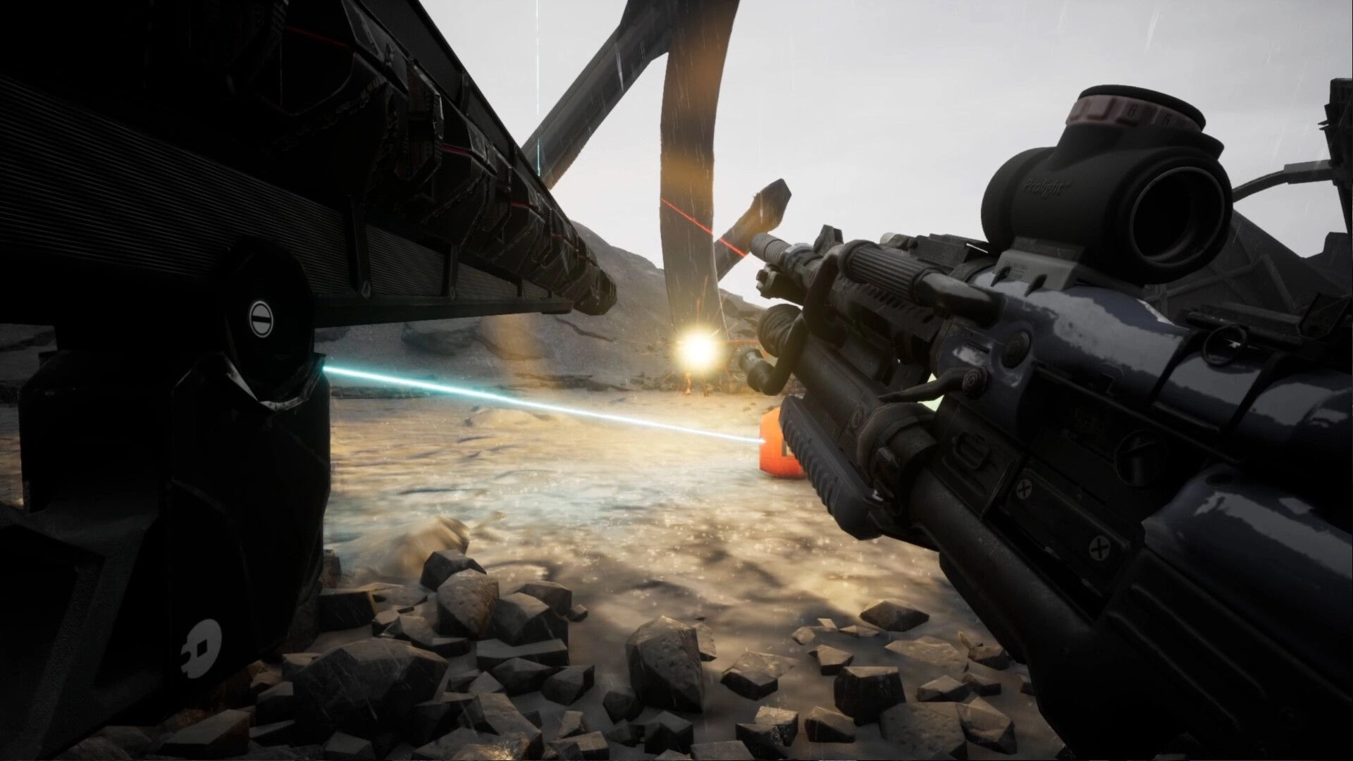 Sand Eaters: First-person rifle firing with laser sight in a sandy wreck site under towering metal arches.