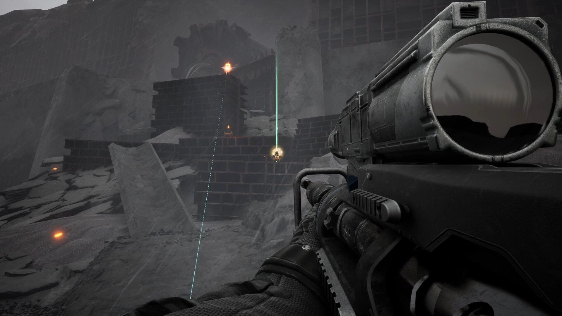 Sand Eaters: First-person aiming a launcher at a glowing target amid ruined concrete walls and dust haze.