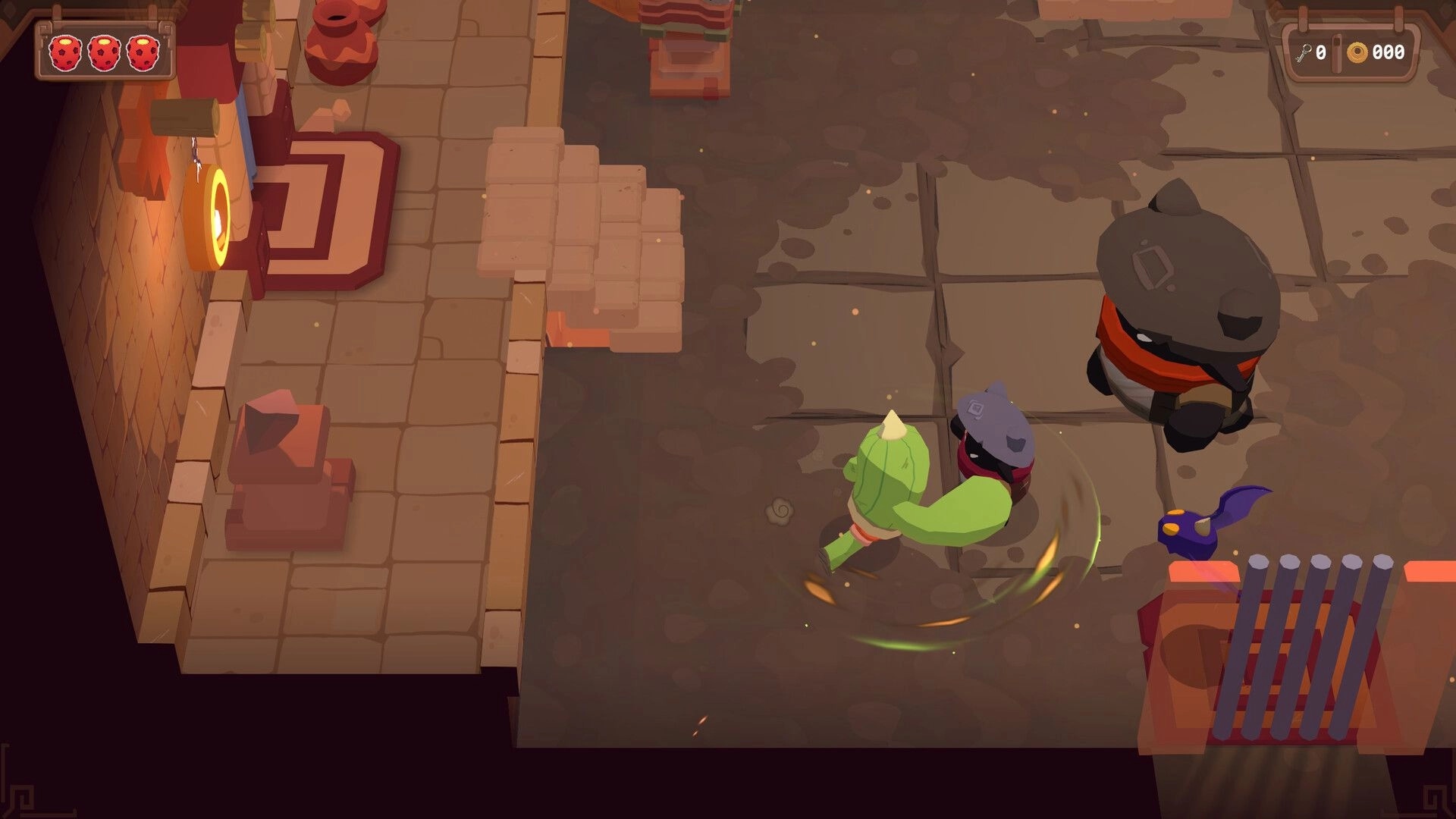 Sandcaster: Green-cloaked hero slashes a bandit on cracked stone tiles near a glowing doorway.