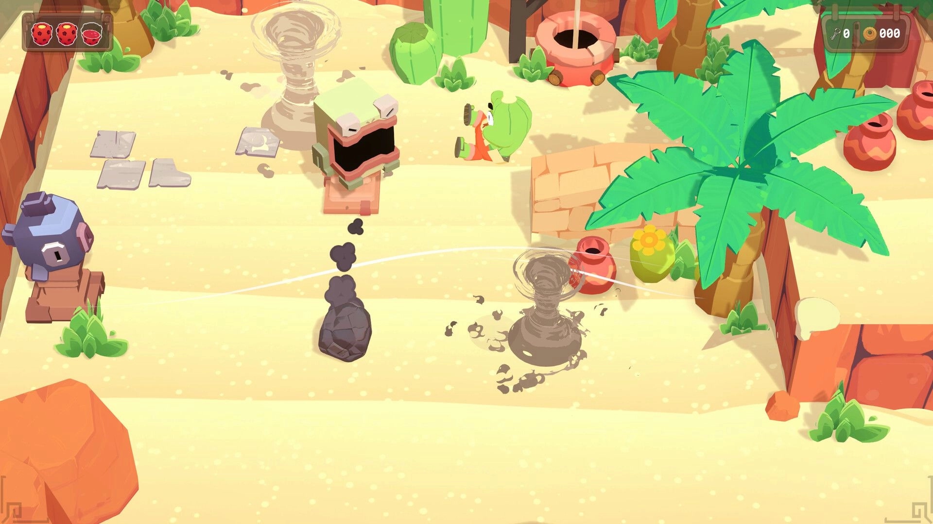 Sandcaster: Player dodges sand whirlwinds and a rolling boulder in a palm-filled desert ruins area.