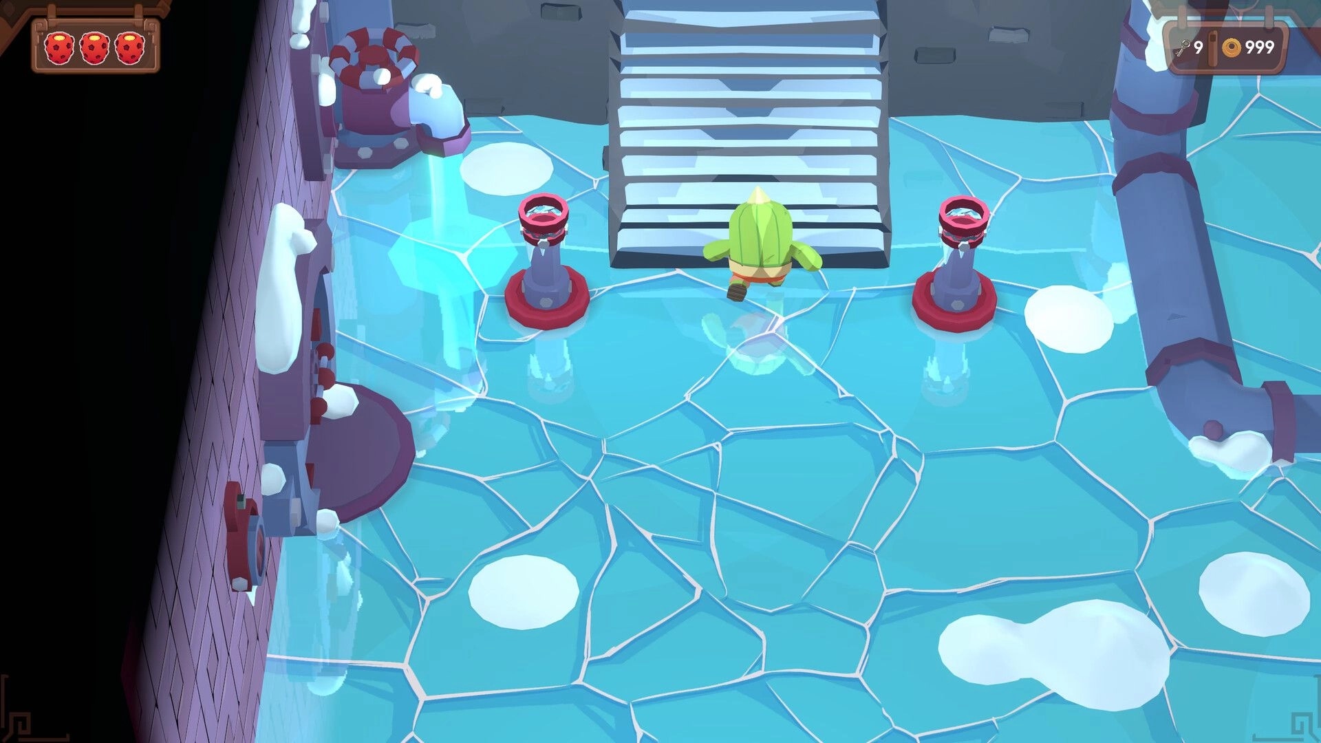 Sandcaster: Green-cloaked hero on icy floor between two posts near stairs, hearts and coins UI visible.
