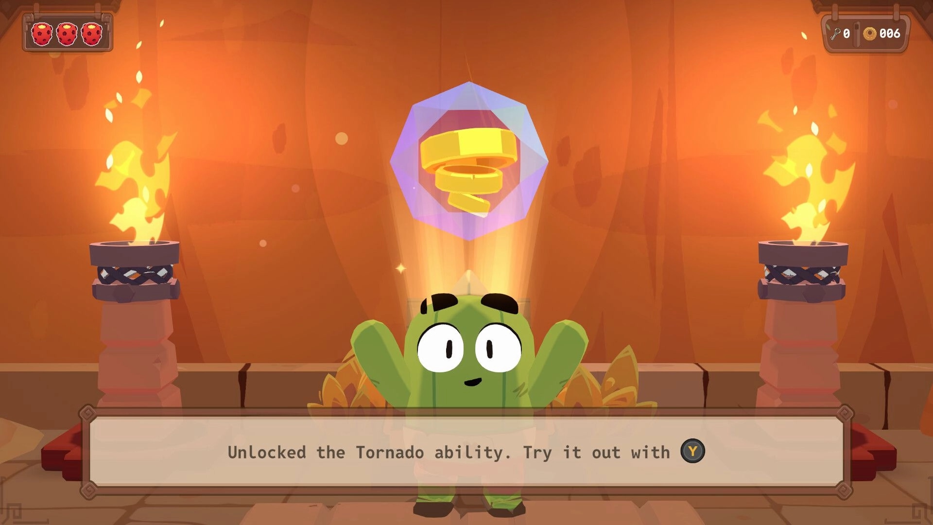 Sandcaster: Cactus hero unlocks Tornado ability prompt in torchlit temple room with coin counter UI.