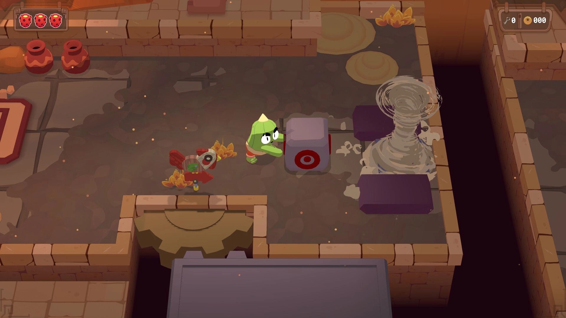 Sandcaster: Green adventurer pushes a target block past a sand tornado in a stone temple room.
