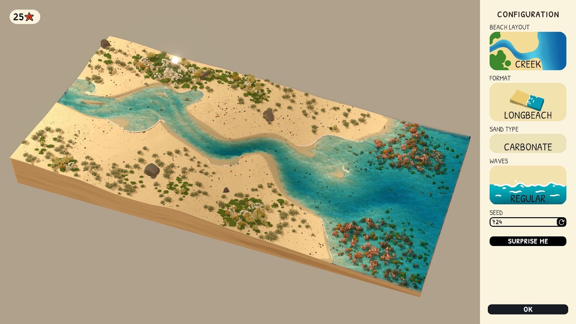 Sandcastle: Beach configuration menu beside 3D creek shoreline map with longbeach and waves options.