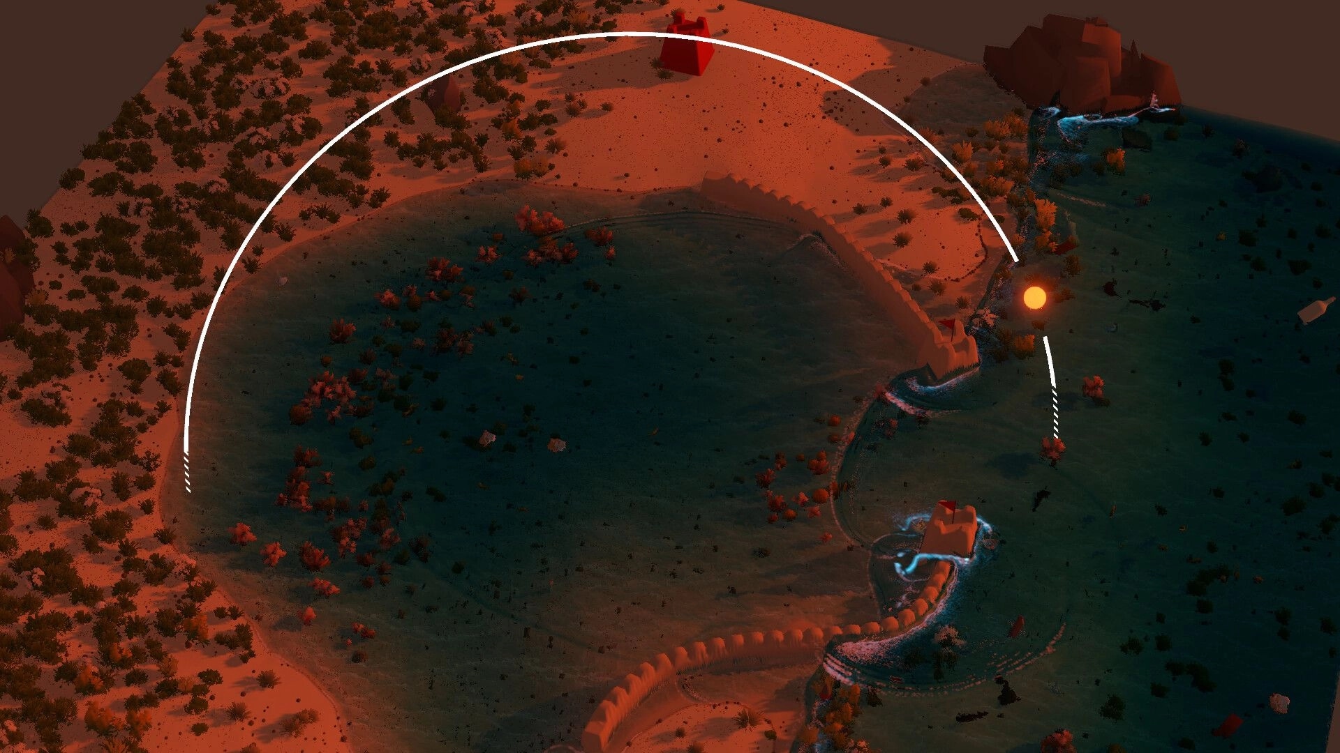 Sandcastle: Overhead view of a sand moat and walls by the surf, with a large white arc UI marker.