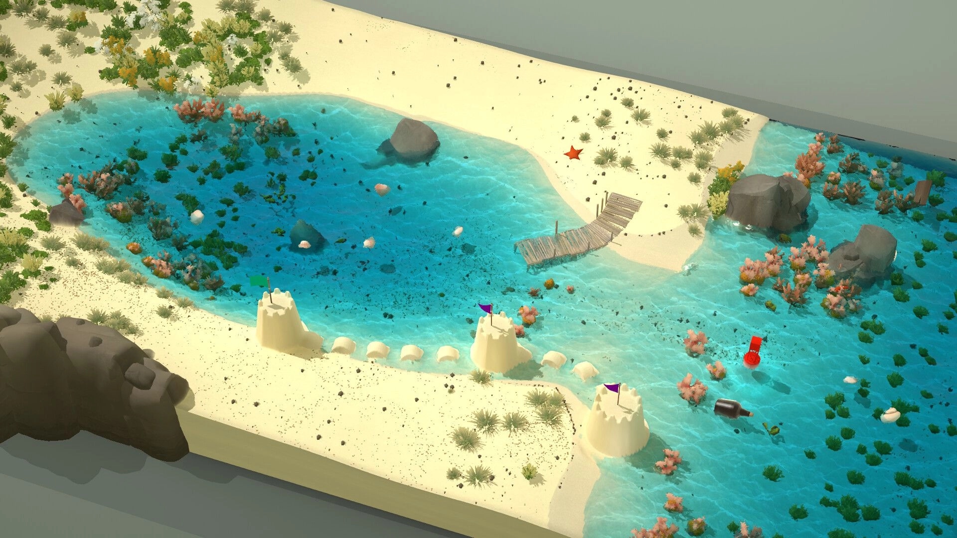 Sandcastle: Building three sand towers with flags beside a lagoon, driftwood bridge and starfish on shore.