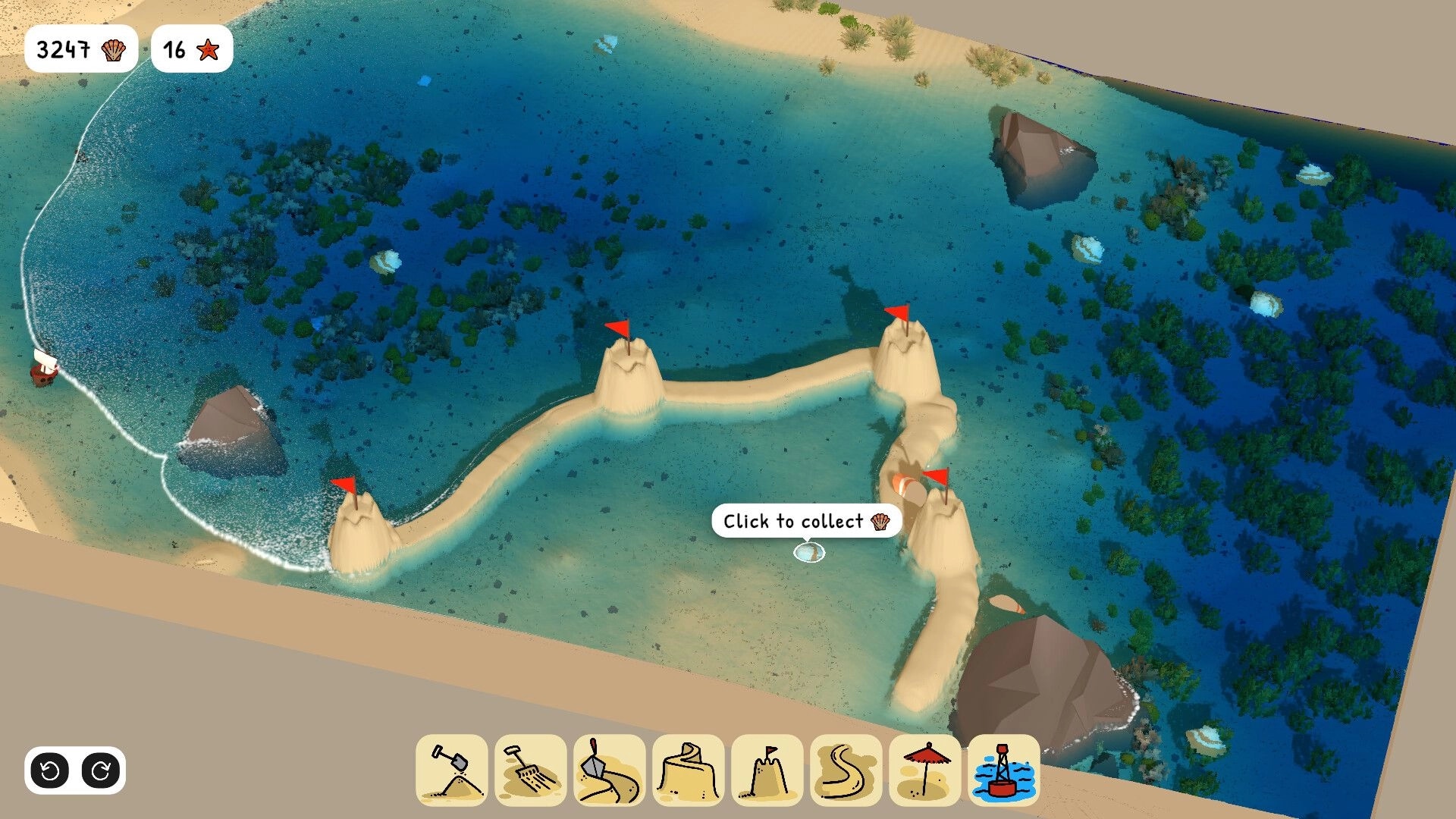 Sandcastle: Building a curved sand wall with flag towers in shallow lagoon, tool bar and shell counter UI.