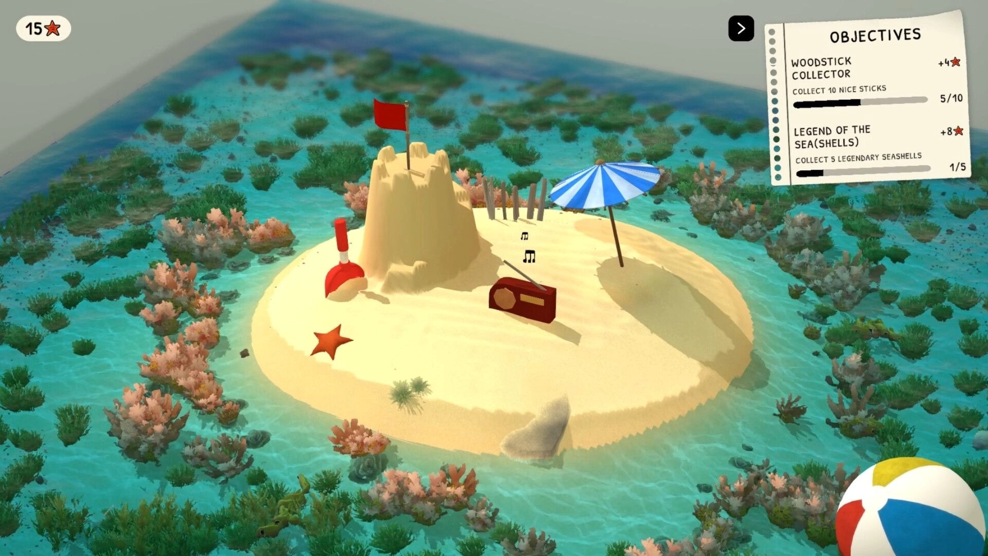 Sandcastle: Tall sand tower with red flag beside shovel and umbrella on tiny island, objectives UI.
