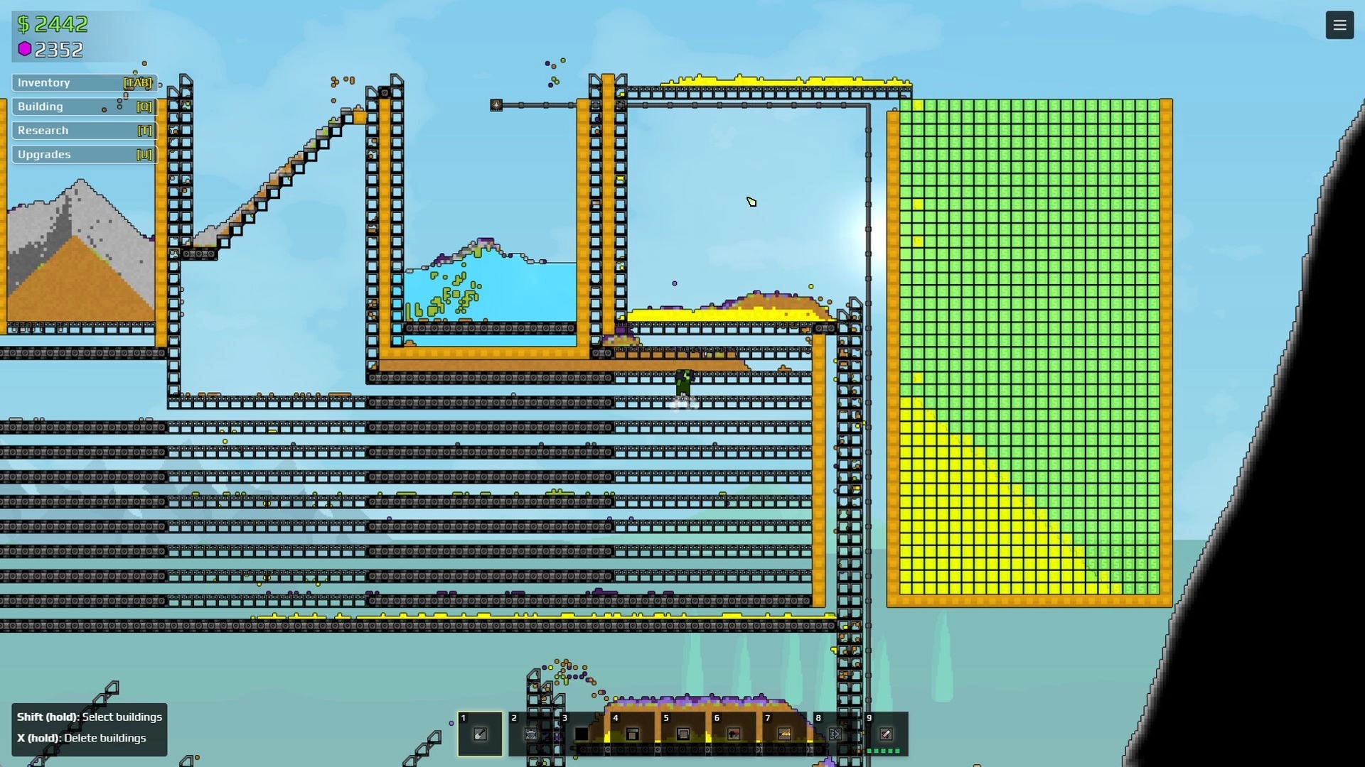 Sandustry: Conveyor belts transporting resources in an industrial mining setup with a grid interface