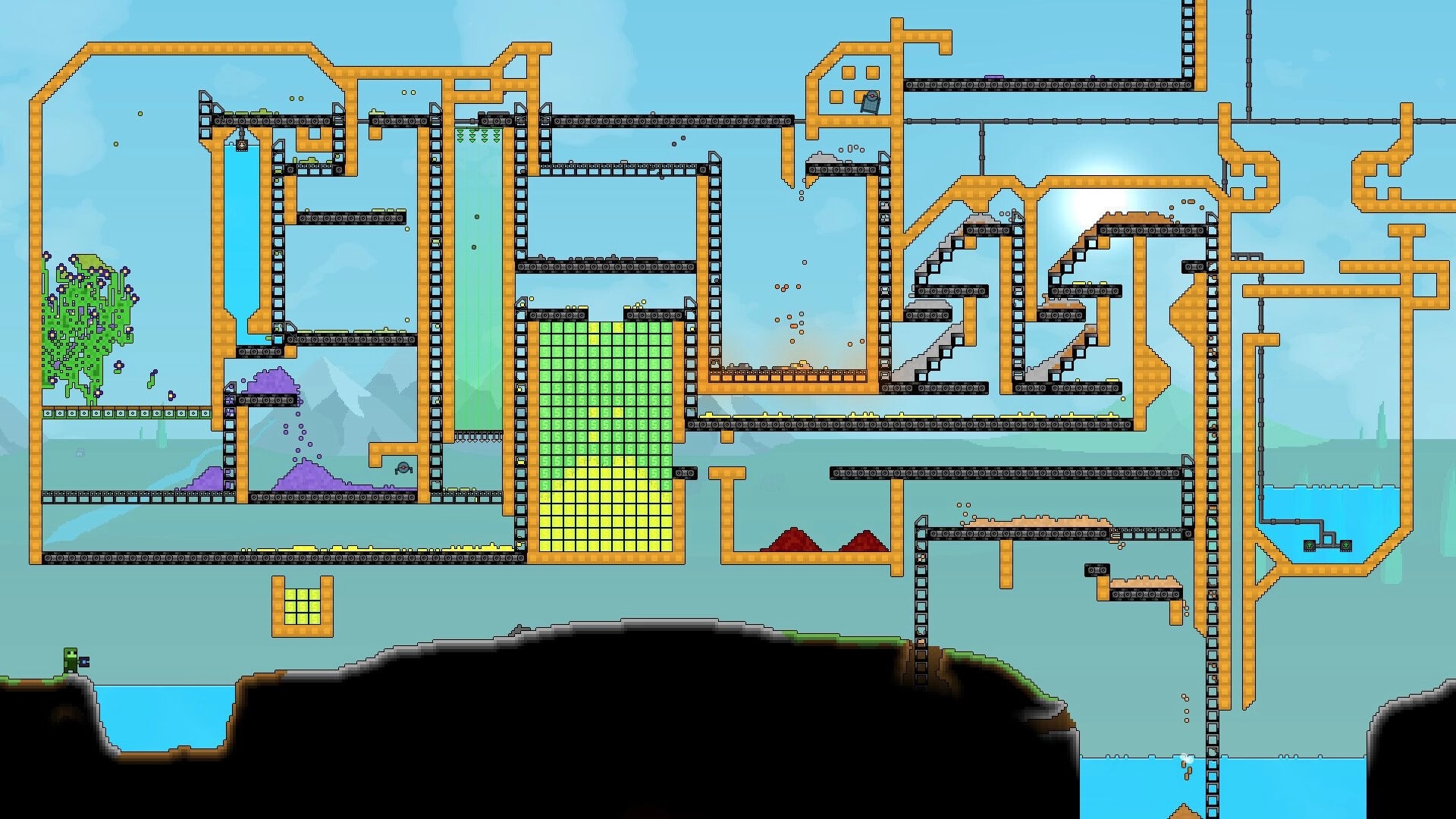 Sandustry: Elaborate conveyor belt system transporting resources in a colorful industrial landscape.