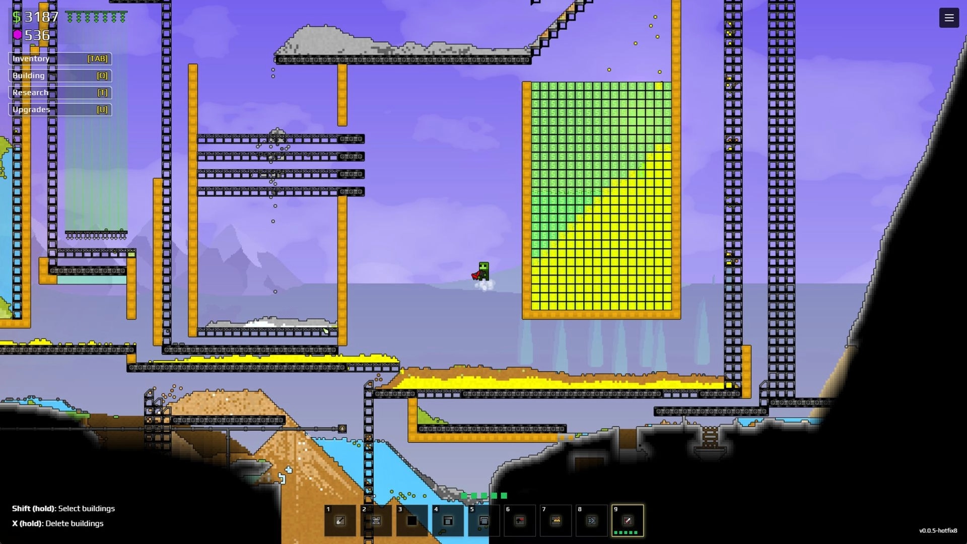 Sandustry: Player navigates conveyor belts and resources in a pixelated mining environment with UI menu