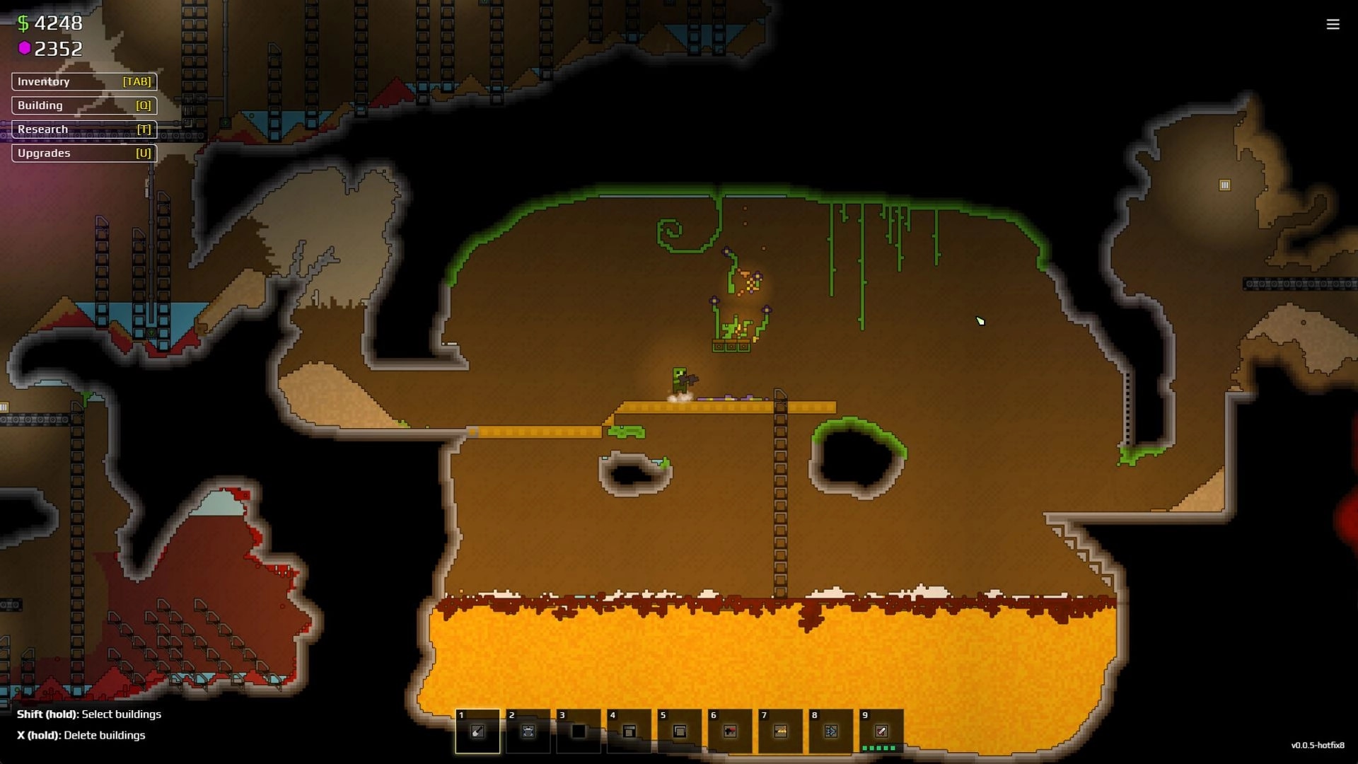 Sandustry: Character mining in underground cave with inventory and building options on the left menu