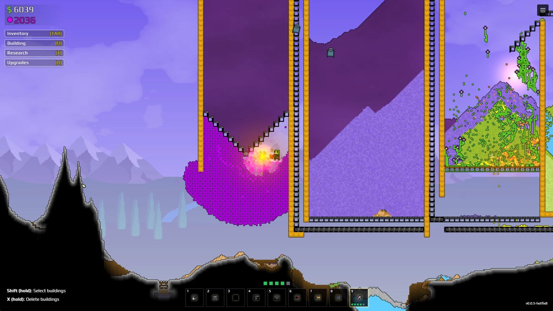 Sandustry: Character mining purple sand within a complex conveyor system in a mountainous landscape