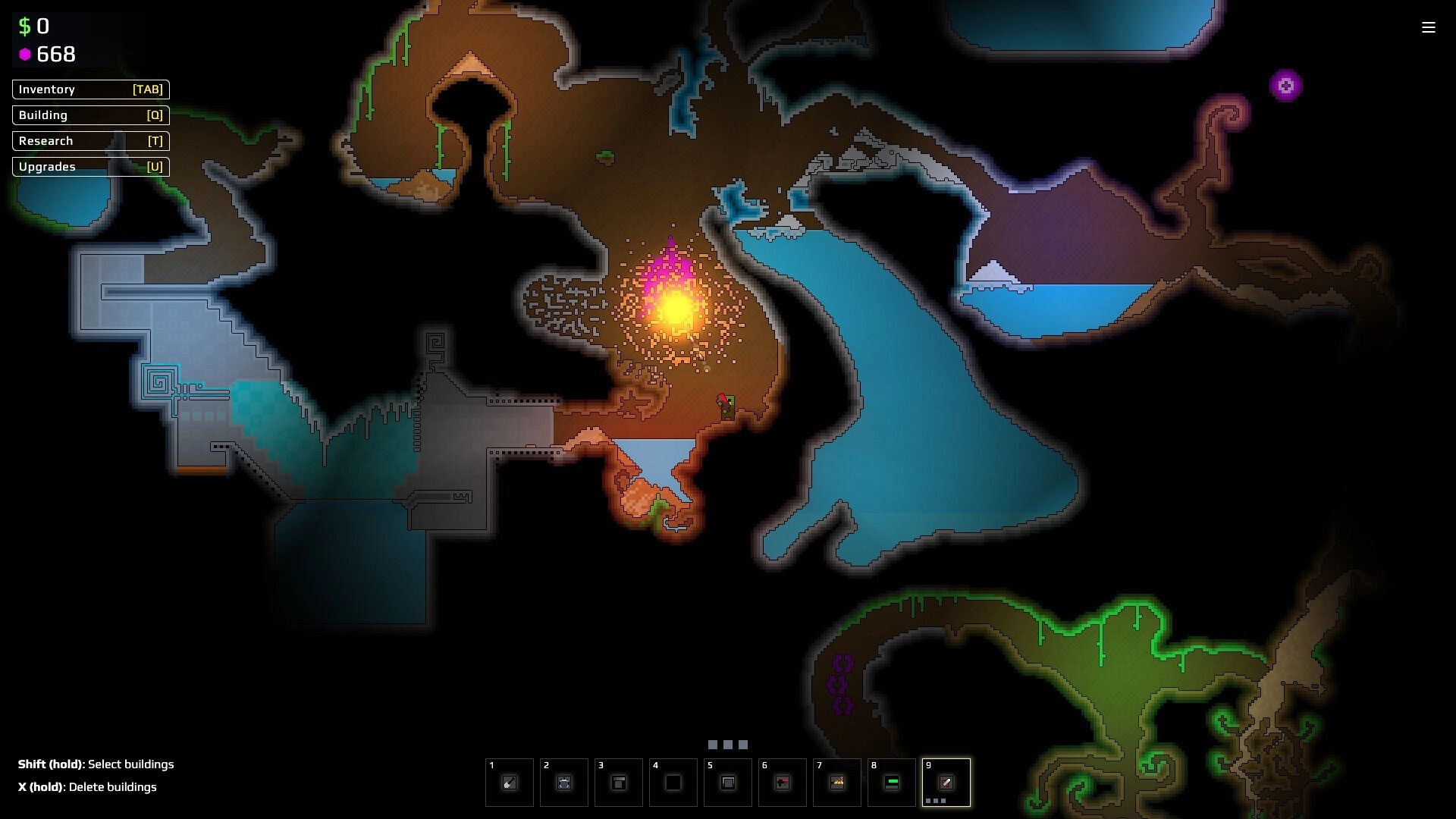 Sandustry: Overhead view of colorful cave system with glowing central area and UI menu on the left