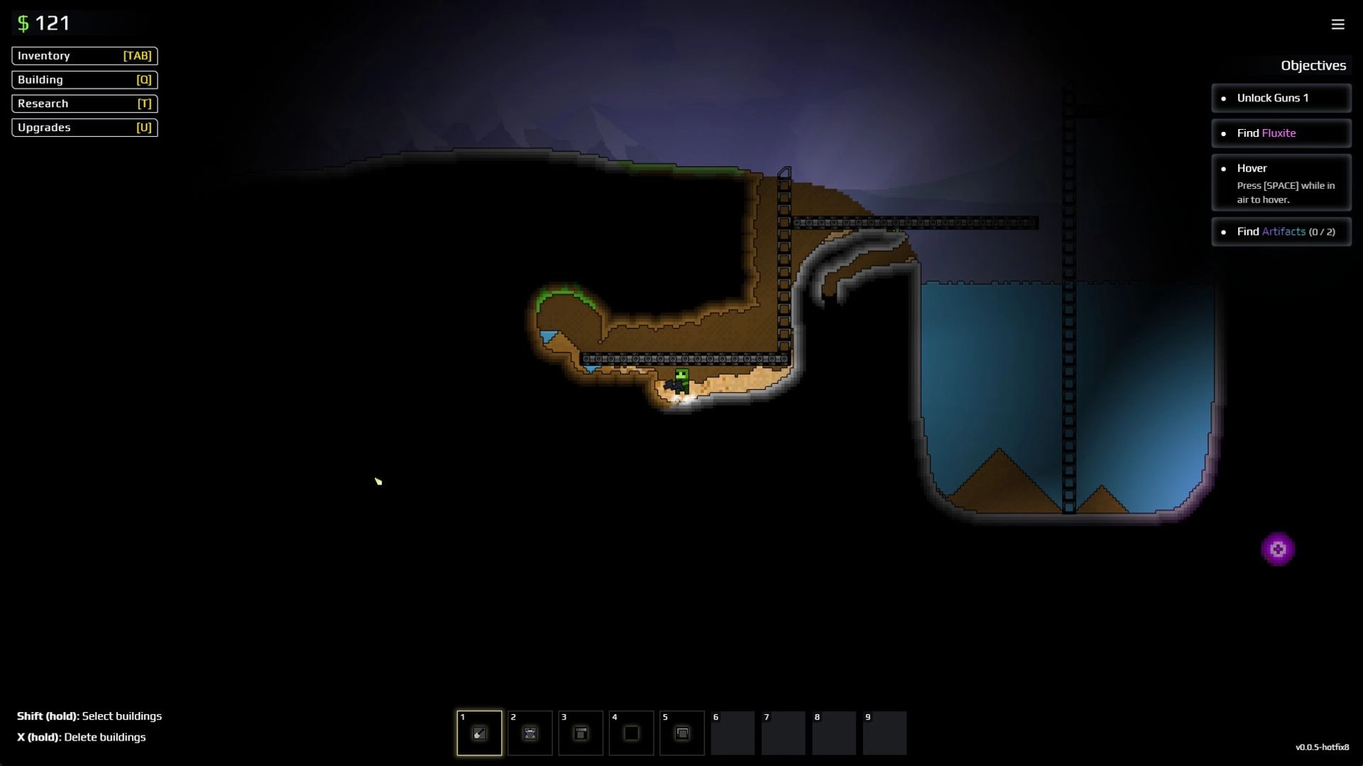 Sandustry: Mining character near conveyor belts in underground cave with objectives listed on the side