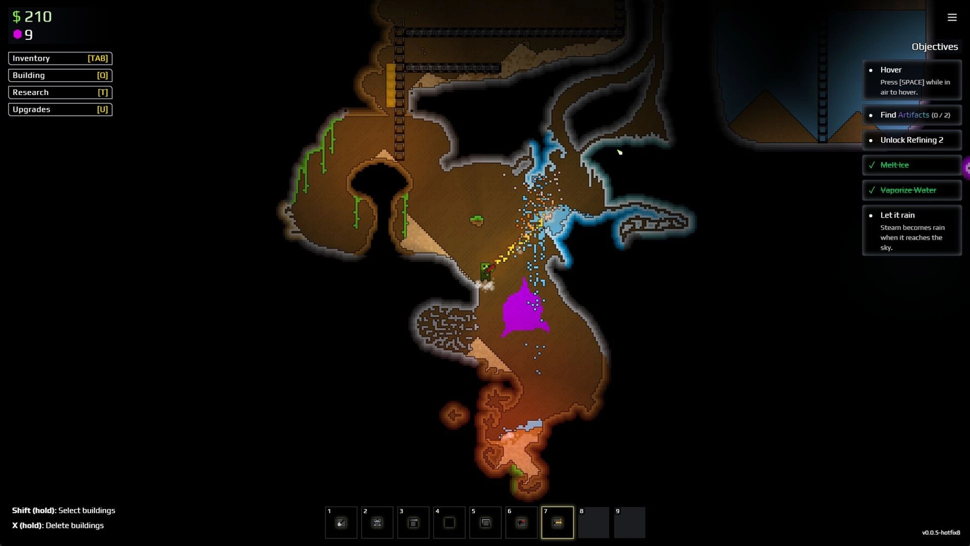 Sandustry: Underground exploration map with objectives and resources in a dark cavern environment