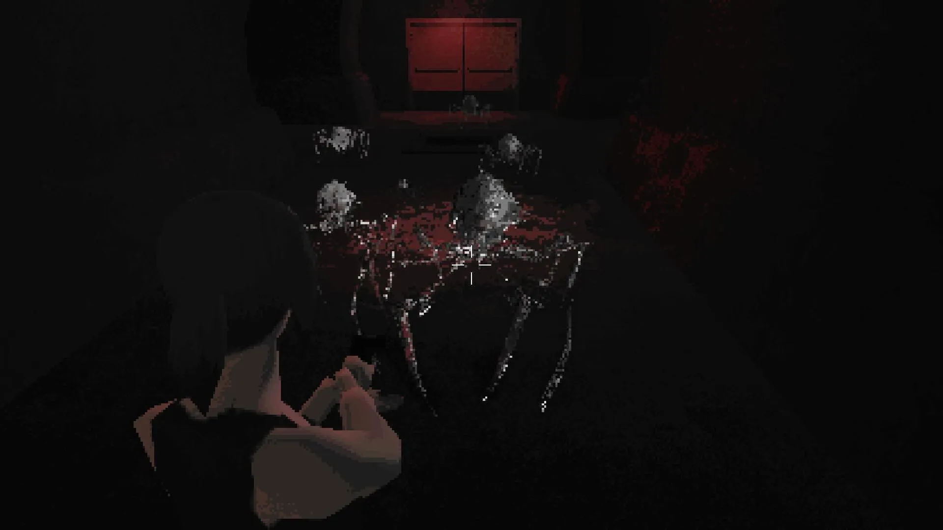 SANGRA: Player confronts metallic creature in dark corridor with red-lit door in the background