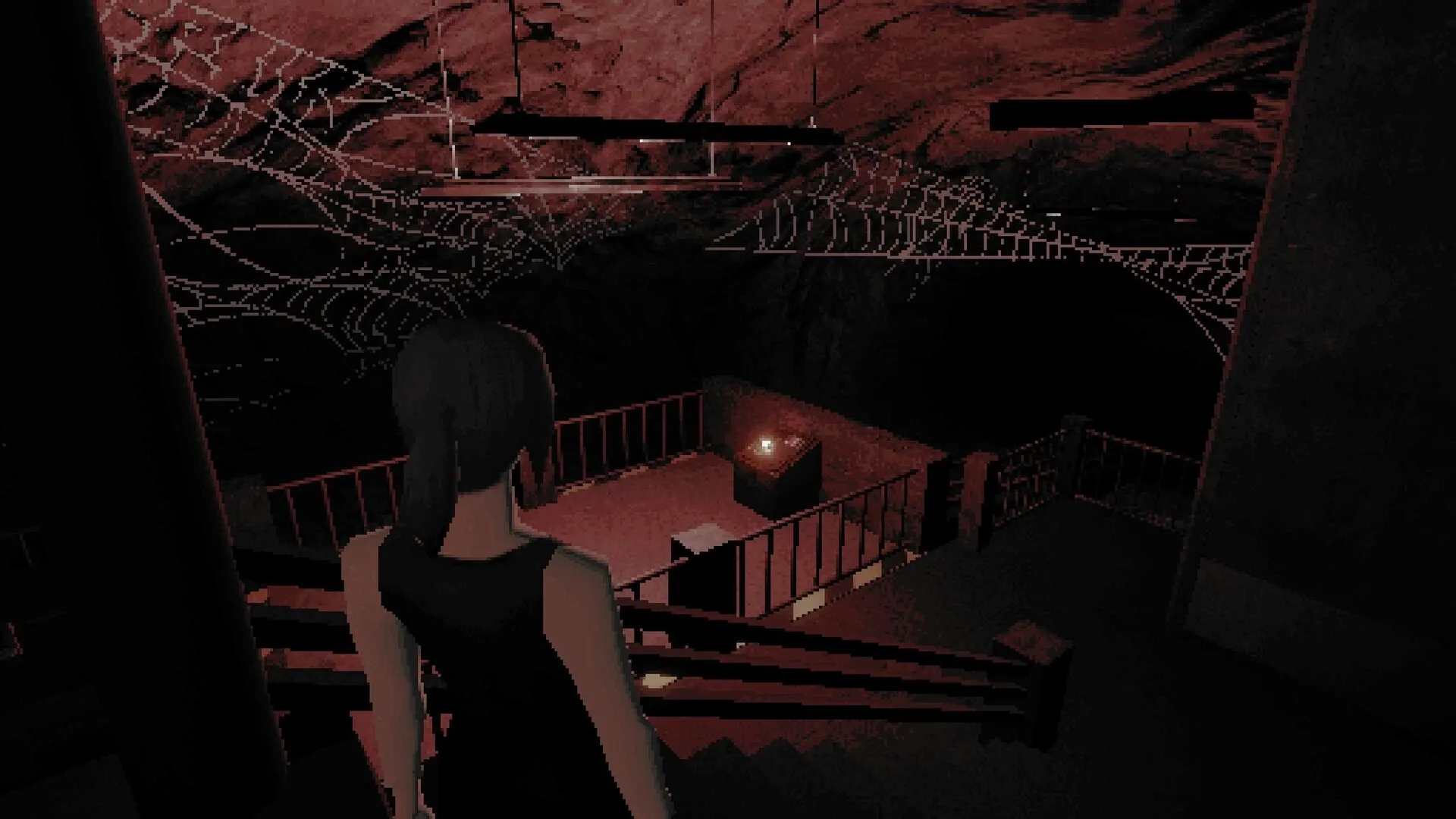 SANGRA: Character descends dimly lit stairs in a cave with webs and glowing red light below