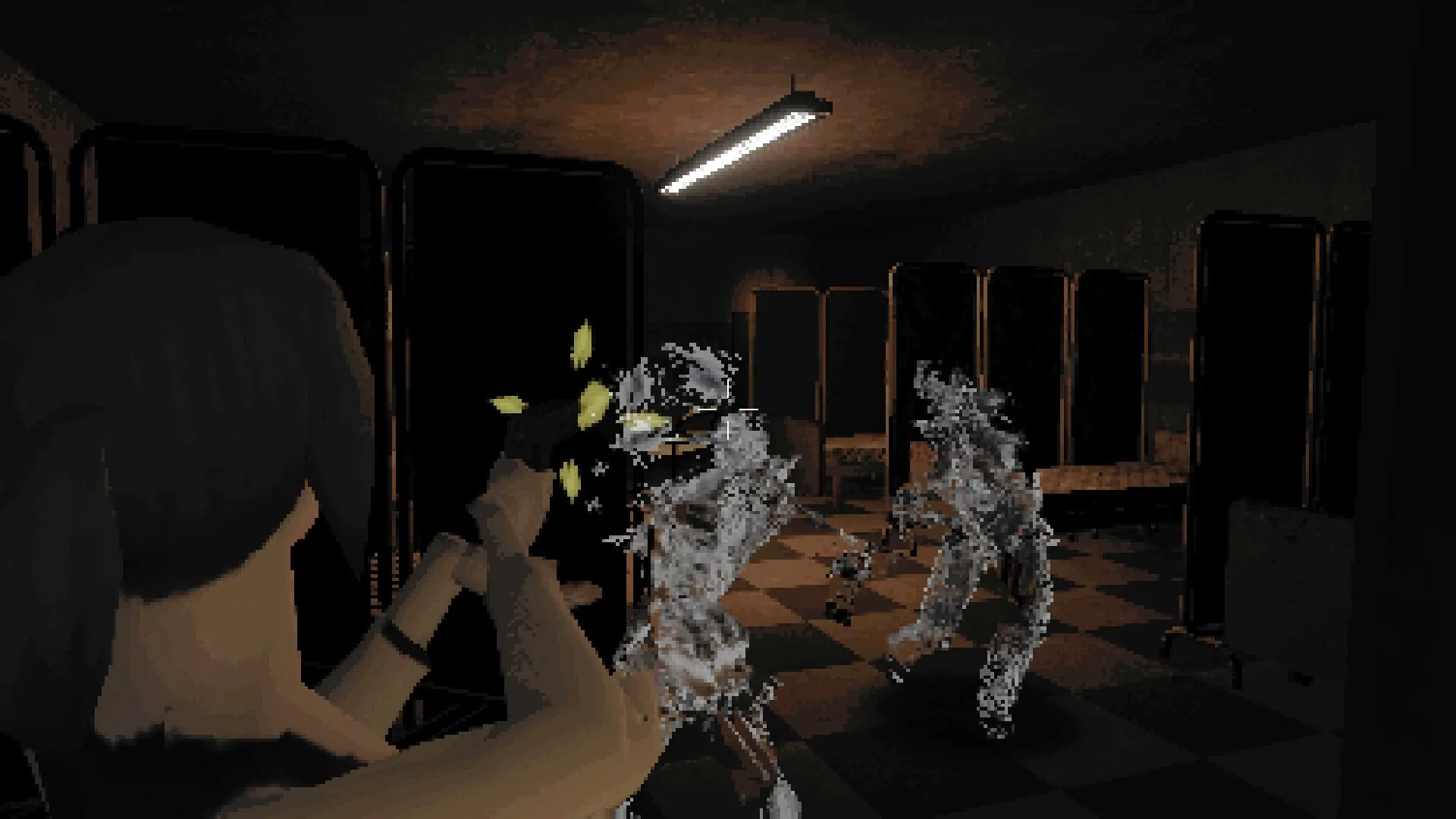 SANGRA: Player character fires at two metallic creatures in a dimly lit room with checkered flooring.